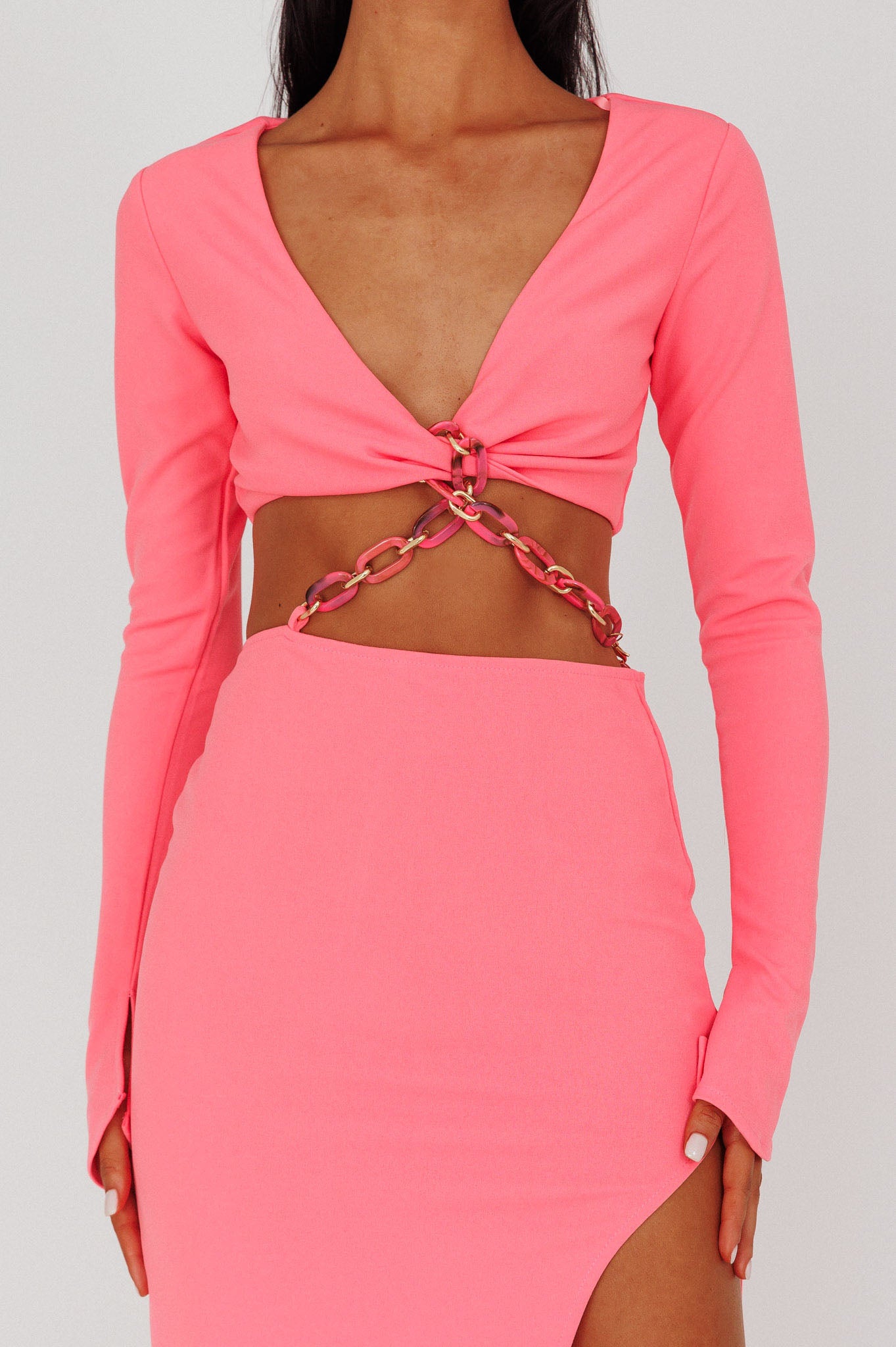 Sigournie Long Sleeve Chain Midi Dress Pink-Maymioy