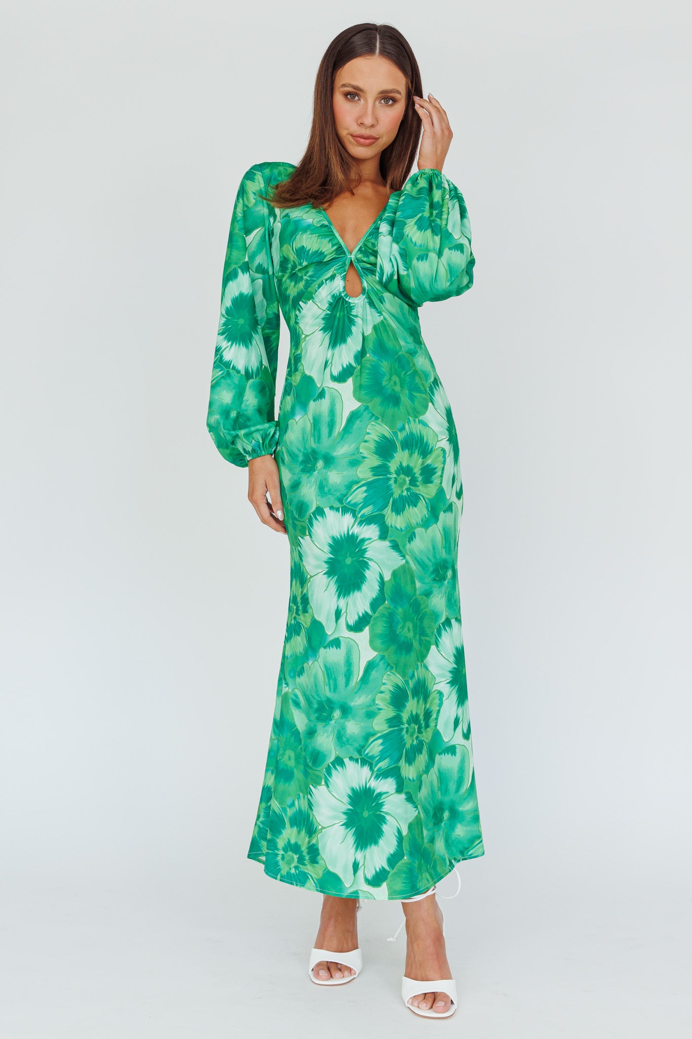 Yessica Balloon Sleeve Midi Dress Floral Green-Maymioy