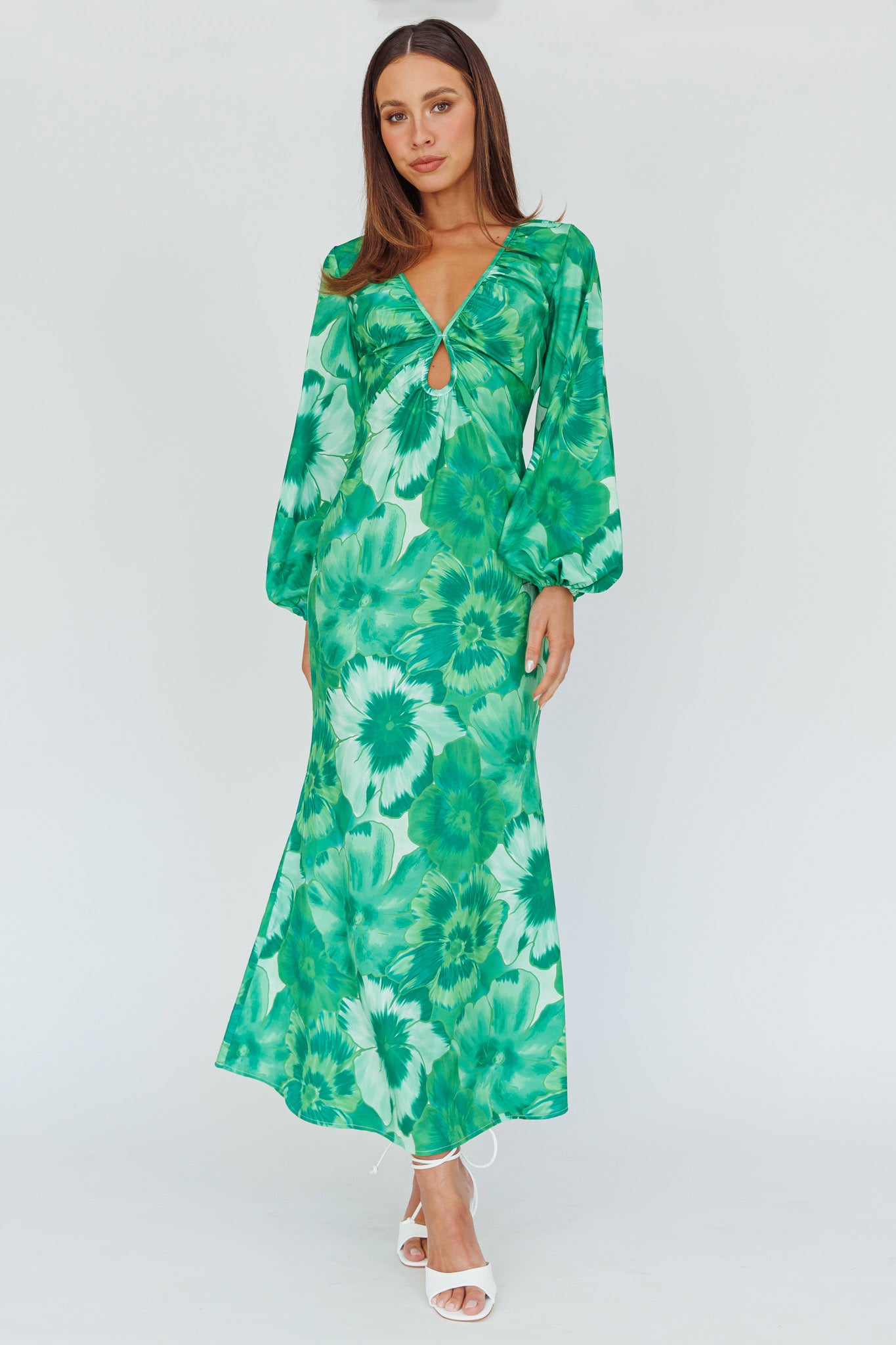 Yessica Balloon Sleeve Midi Dress Floral Green-Maymioy