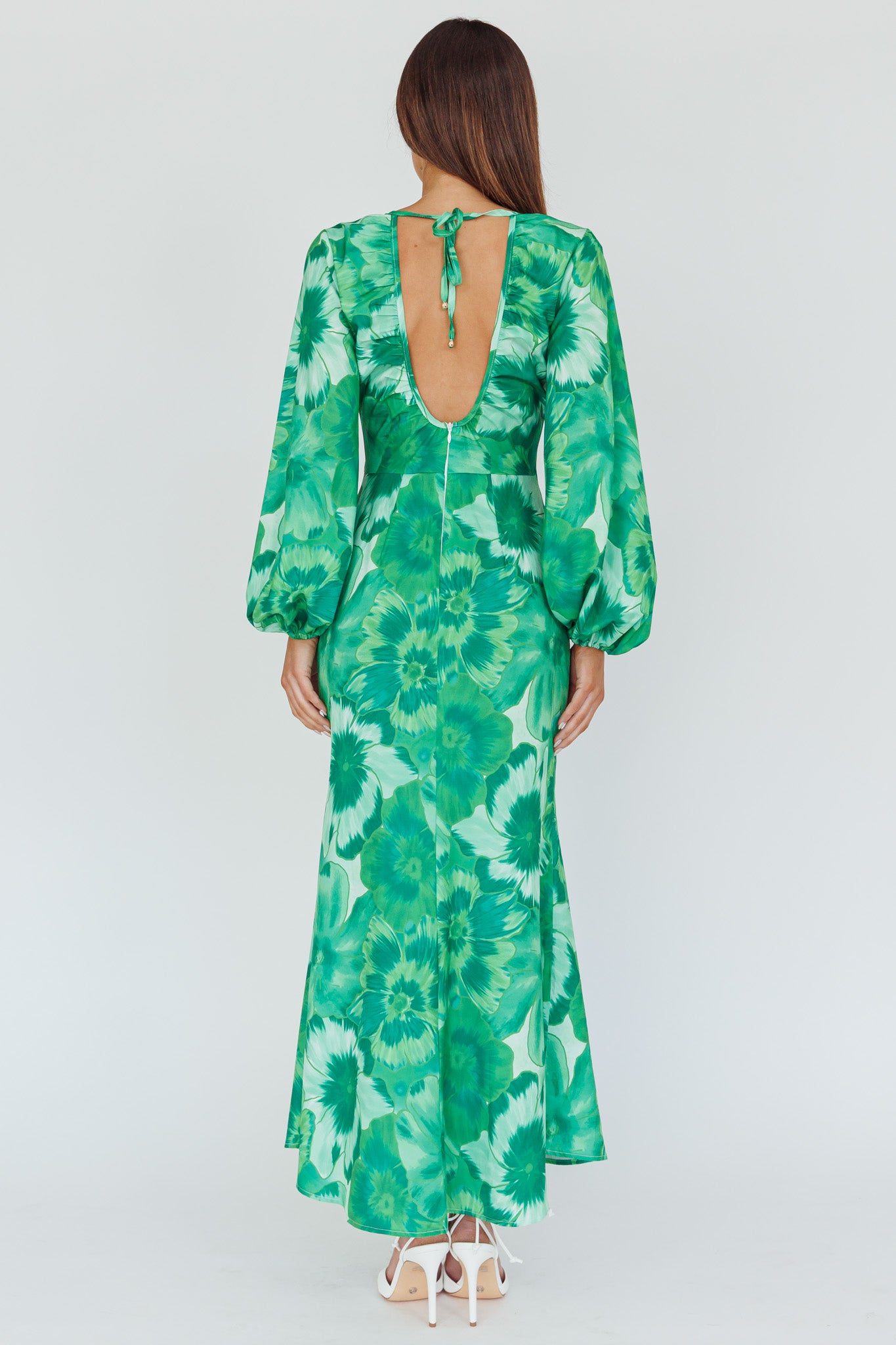 Yessica Balloon Sleeve Midi Dress Floral Green-Maymioy