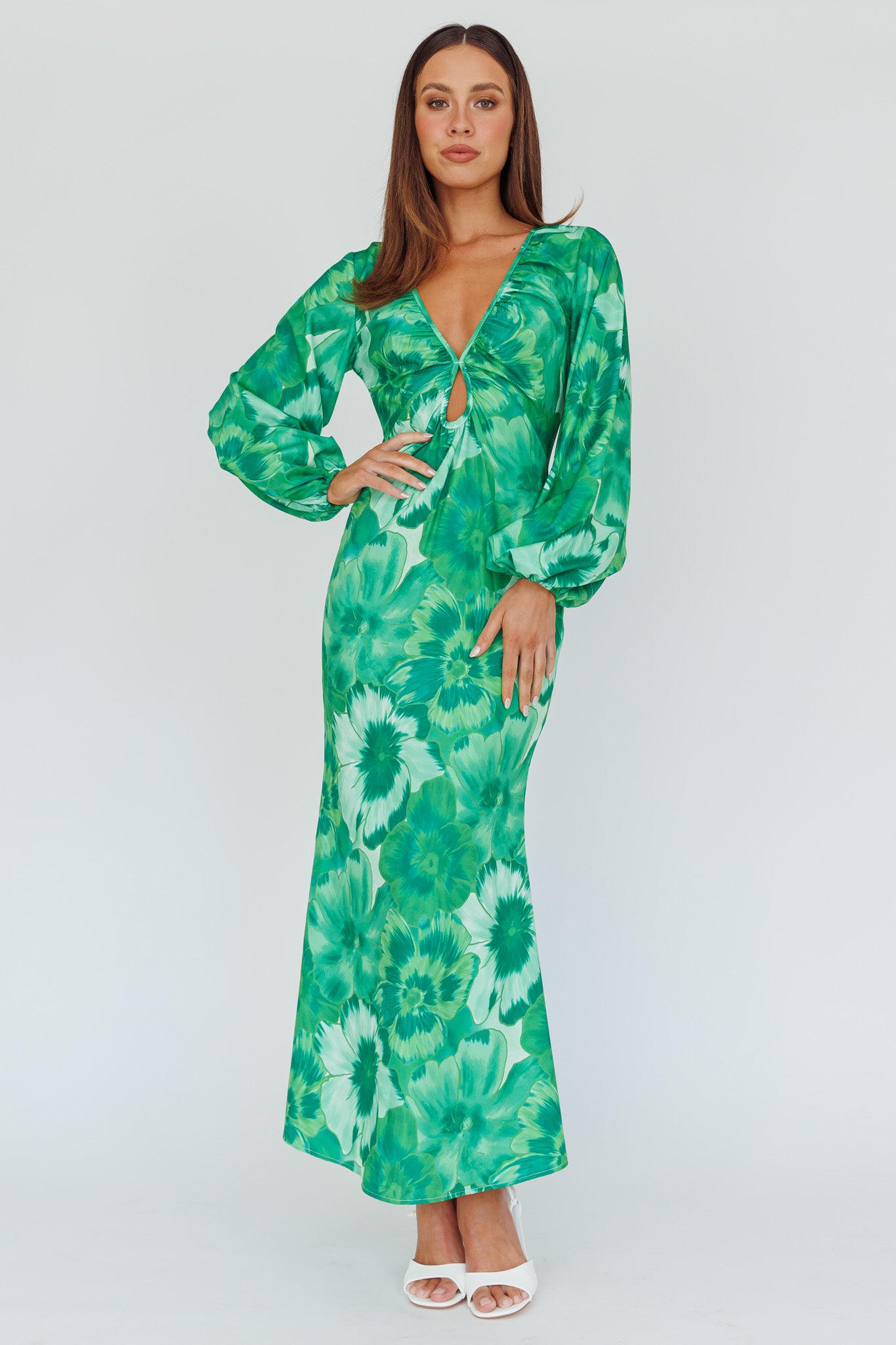 Yessica Balloon Sleeve Midi Dress Floral Green-Maymioy