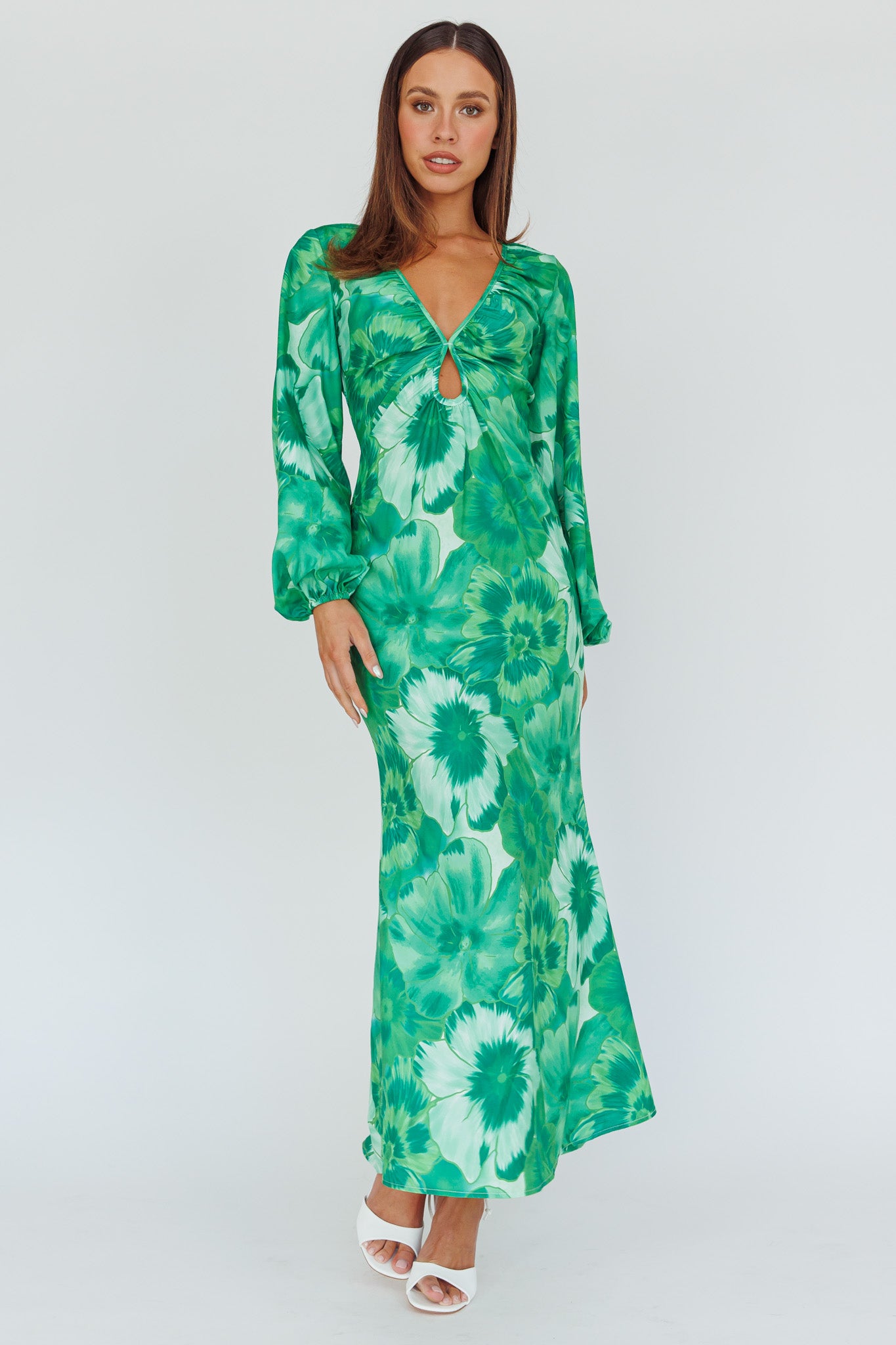 Yessica Balloon Sleeve Midi Dress Floral Green-Maymioy