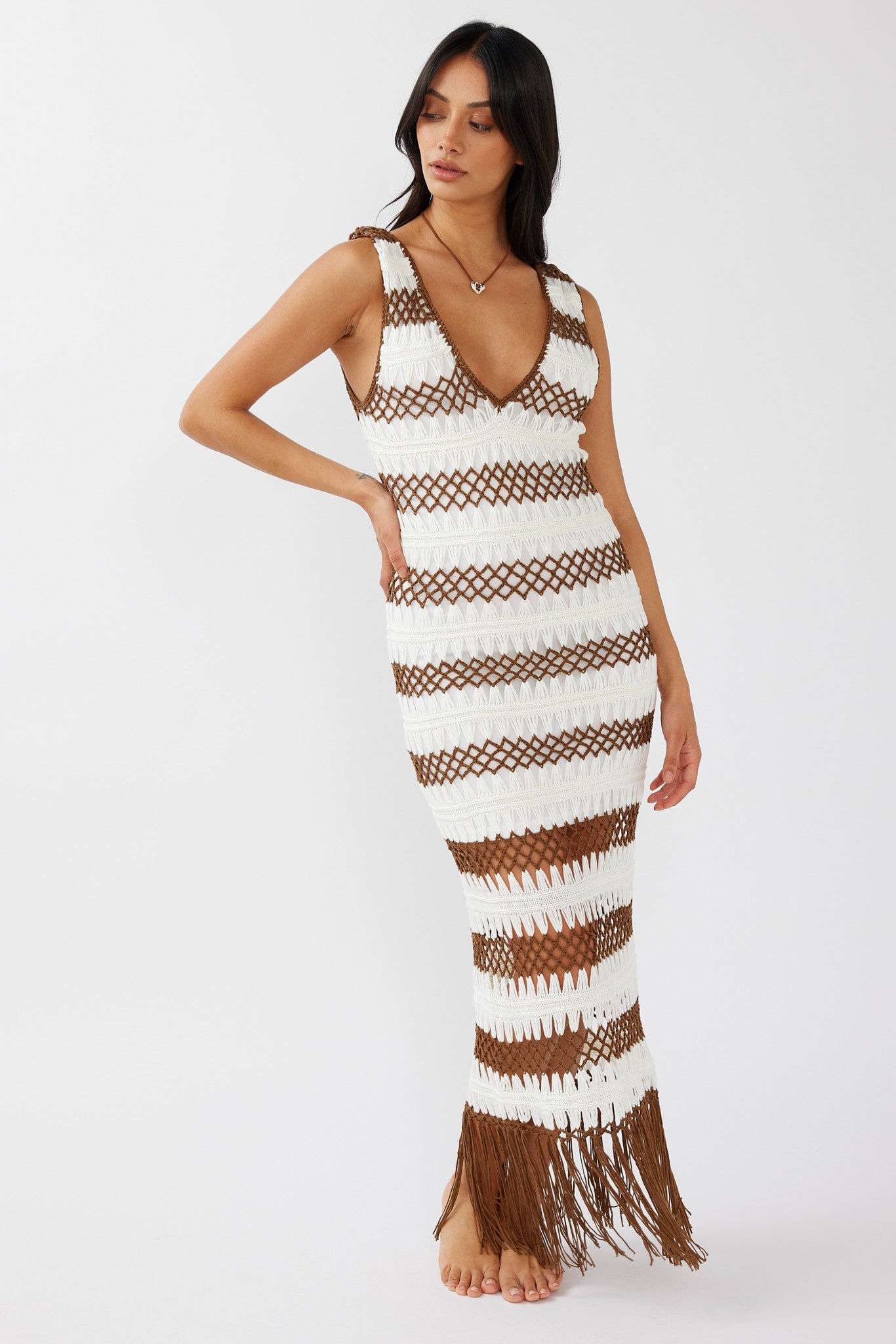 Ximena Tassel Hem Crochet Midi Dress White/Mocha-Maymioy