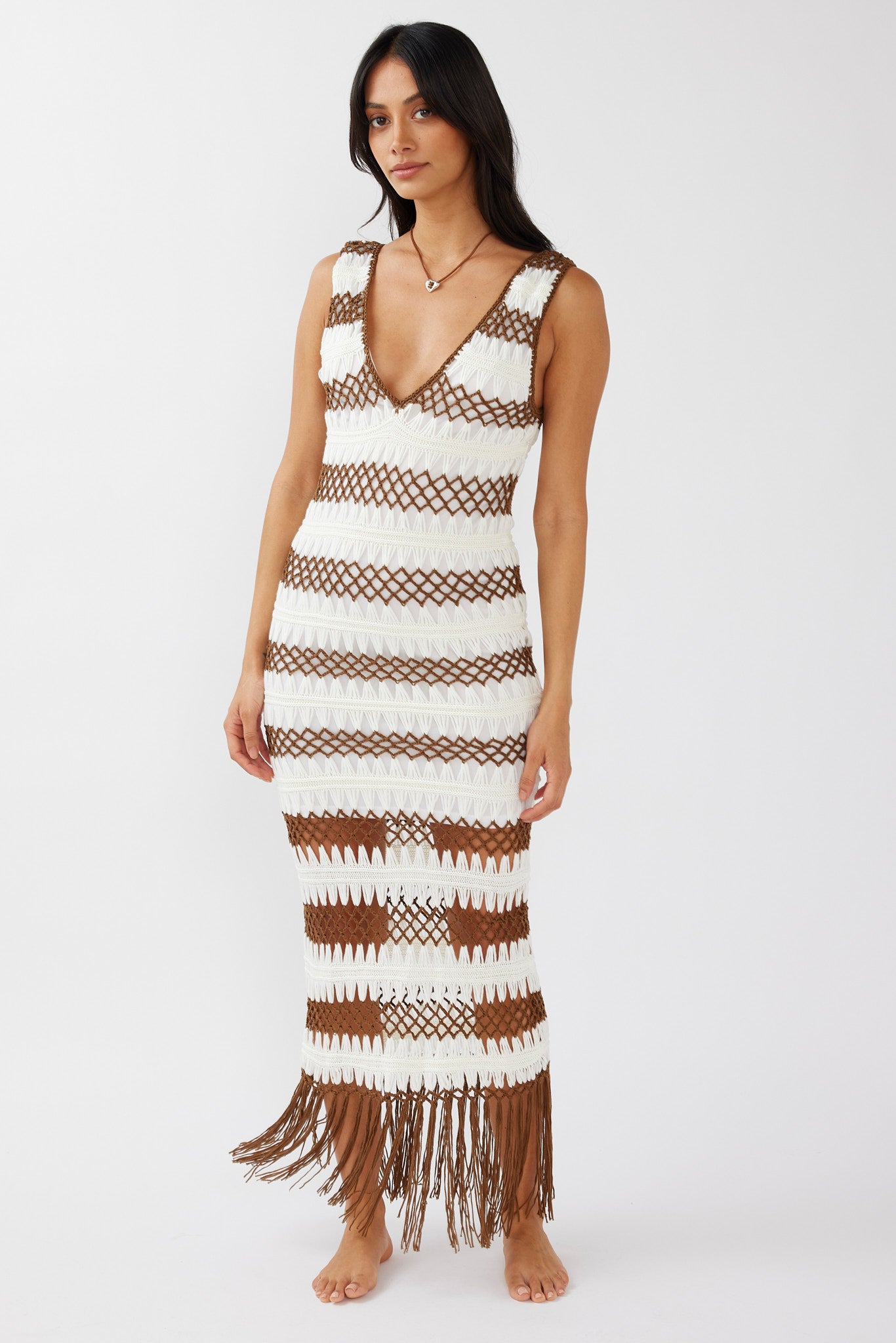 Ximena Tassel Hem Crochet Midi Dress White/Mocha-Maymioy