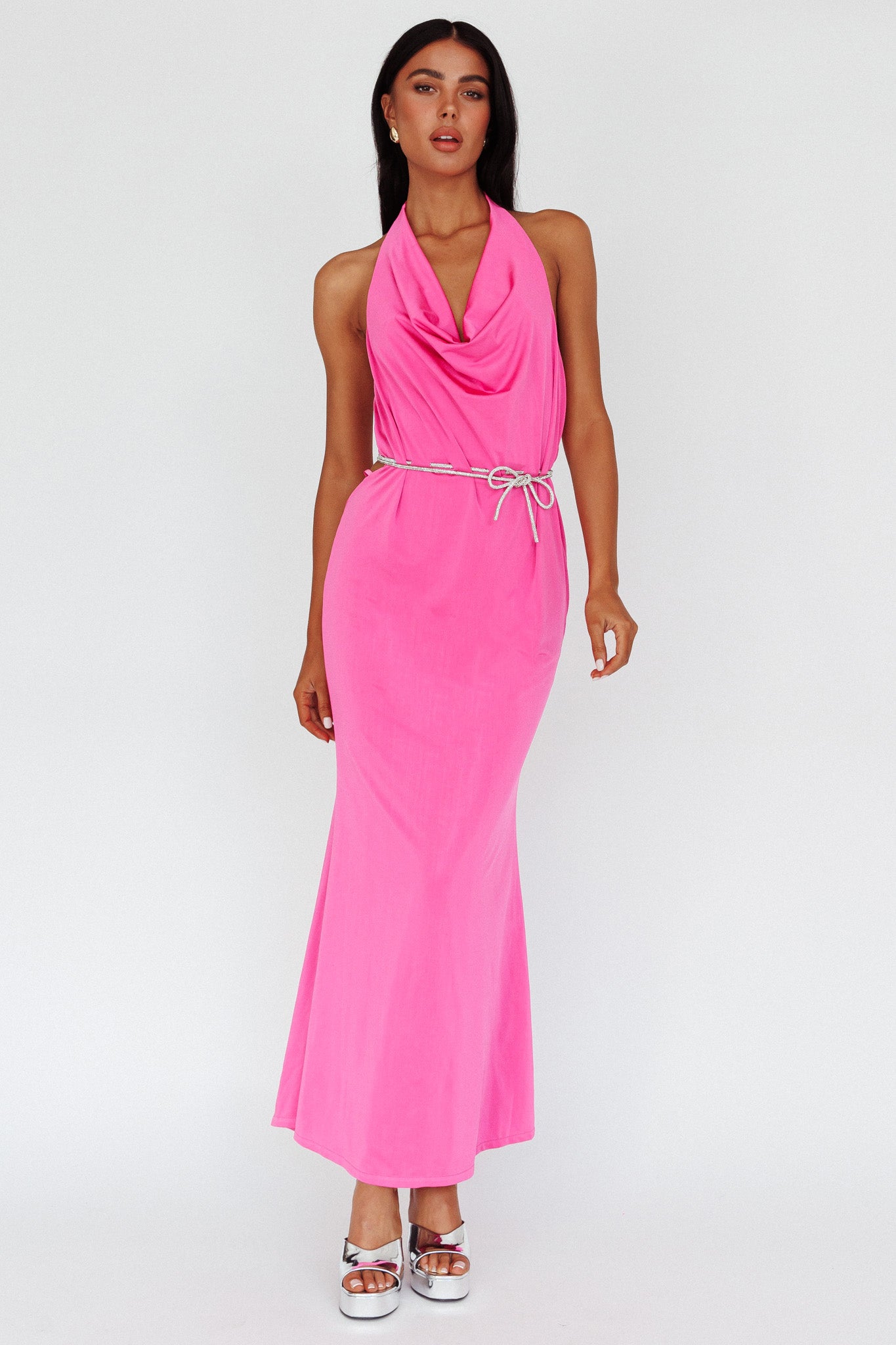 Emmi Cowl Neck Diamante Rope Dress Magenta-Maymioy