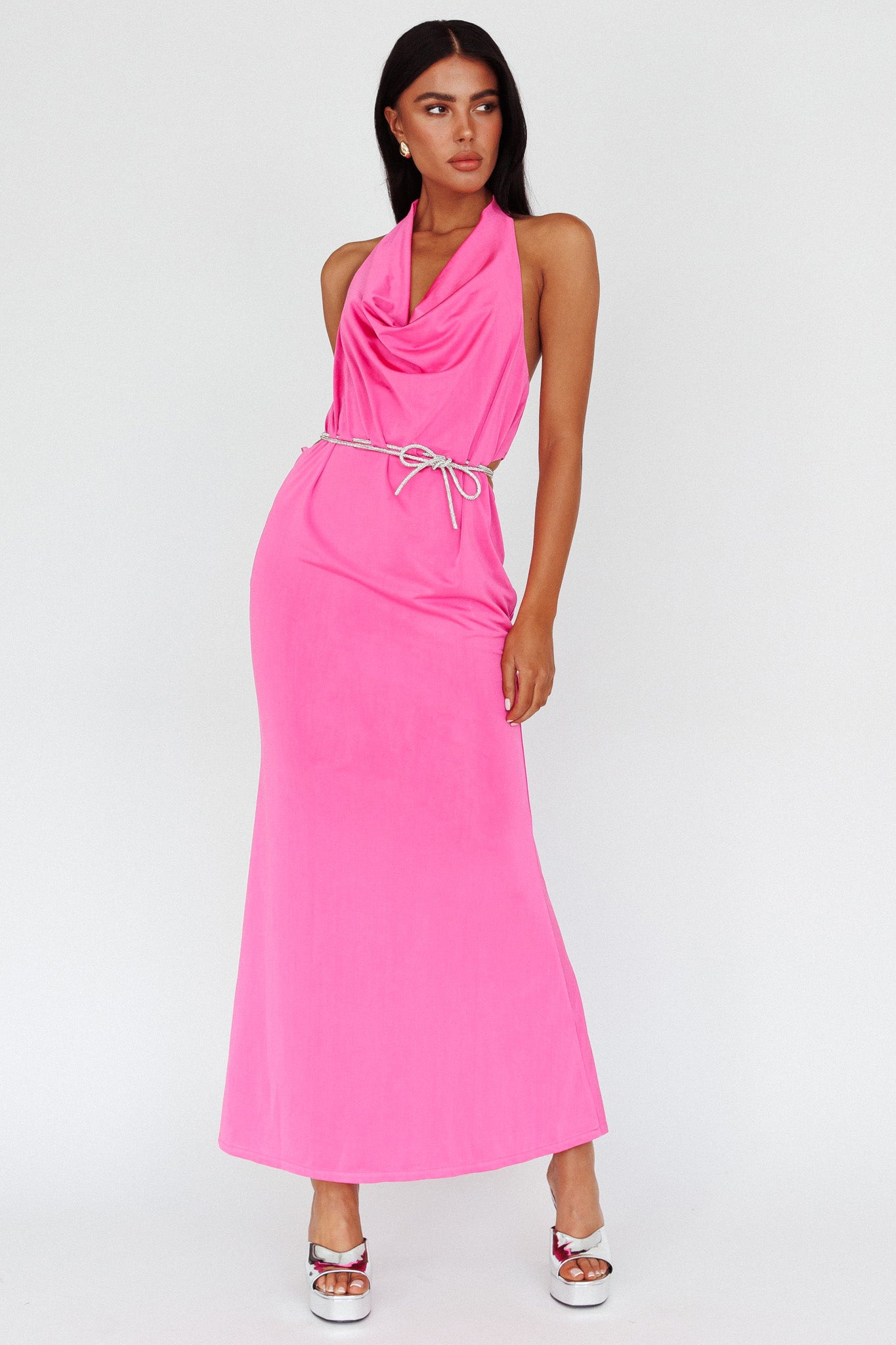 Emmi Cowl Neck Diamante Rope Dress Magenta-Maymioy