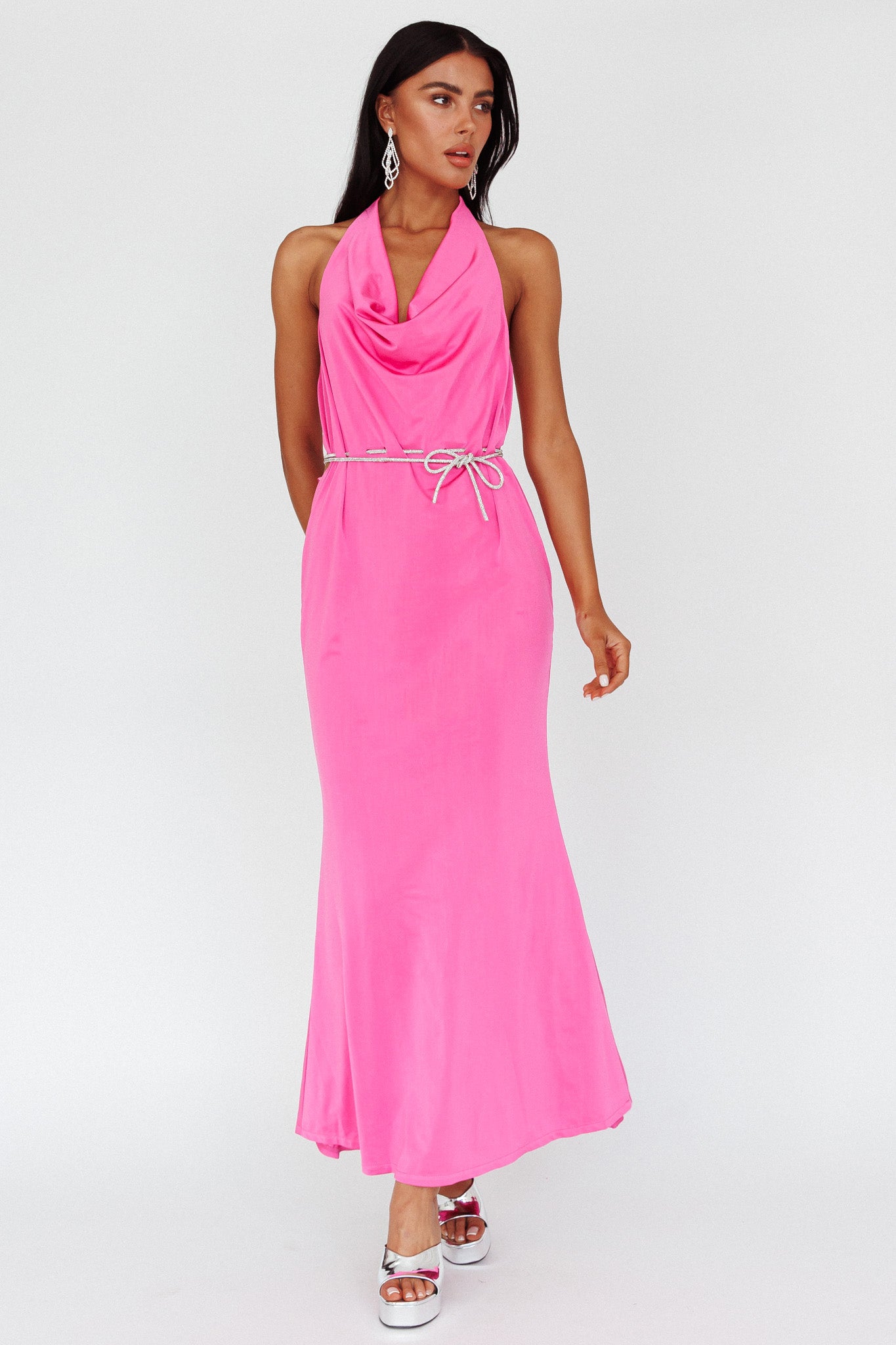 Emmi Cowl Neck Diamante Rope Dress Magenta-Maymioy