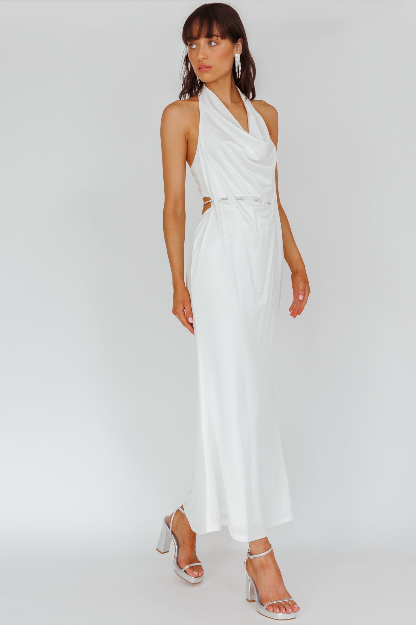 Emmi Cowl Neck Diamante Rope Dress White-Maymioy
