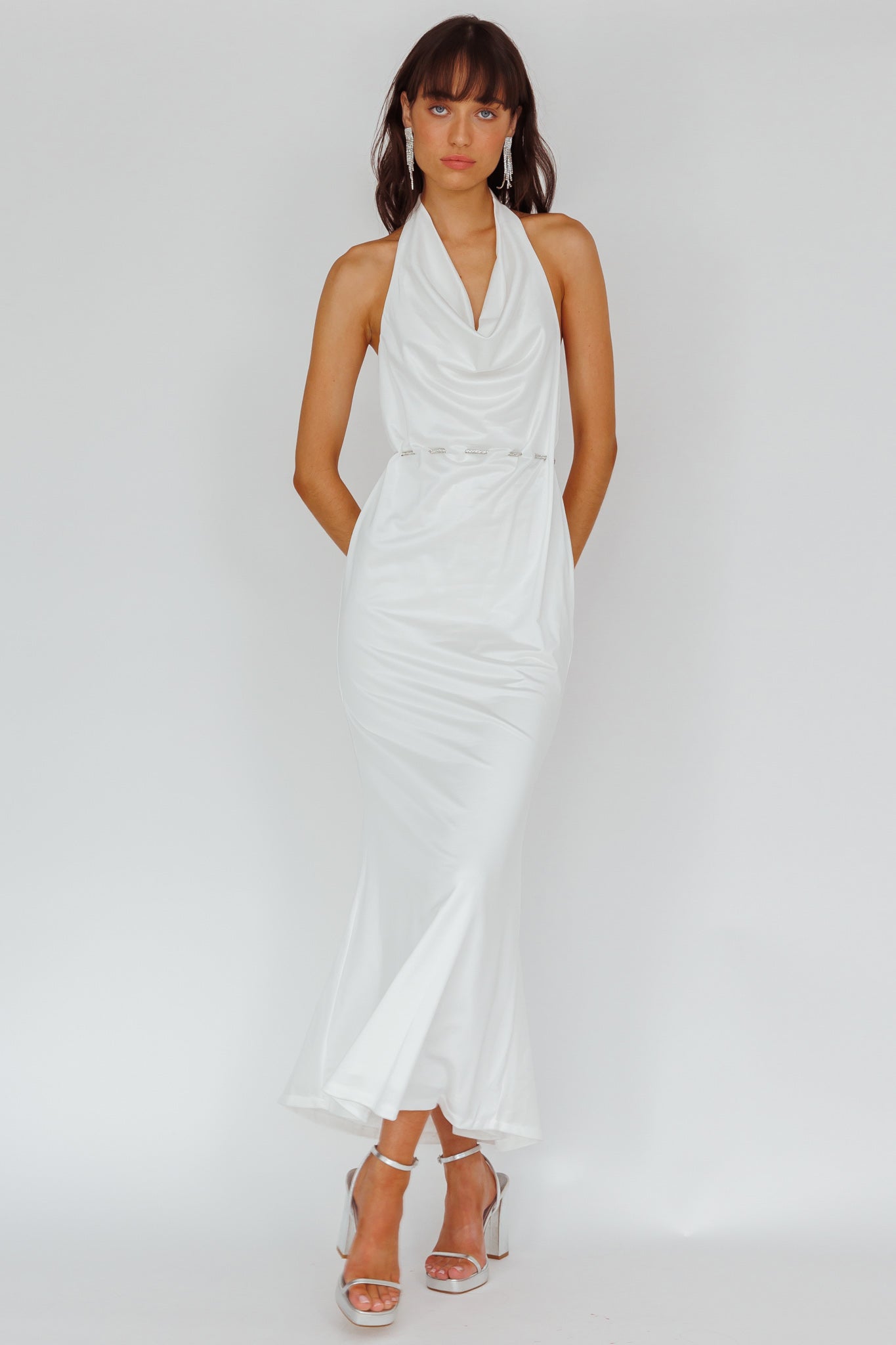 Emmi Cowl Neck Diamante Rope Dress White-Maymioy