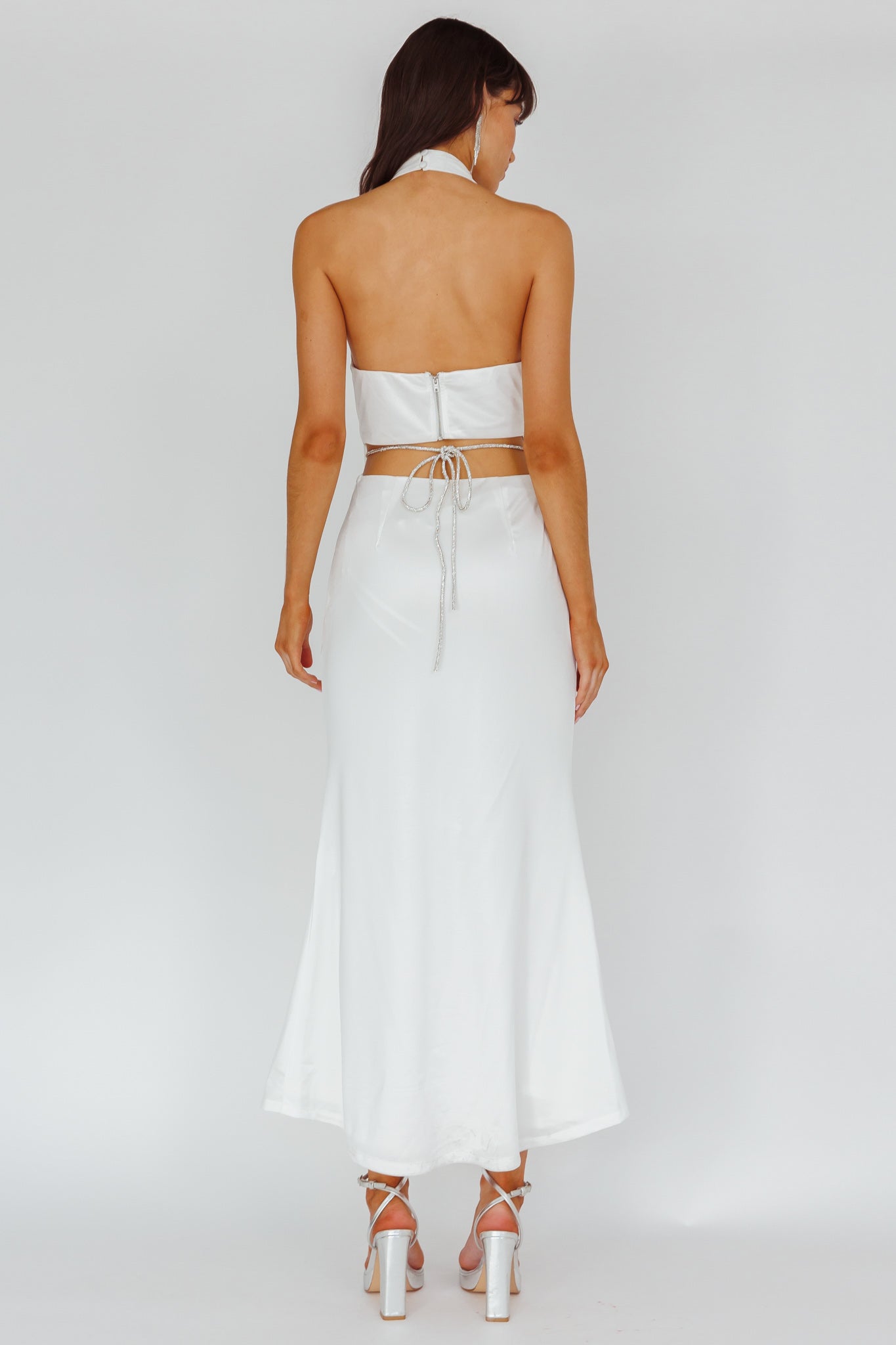 Emmi Cowl Neck Diamante Rope Dress White-Maymioy