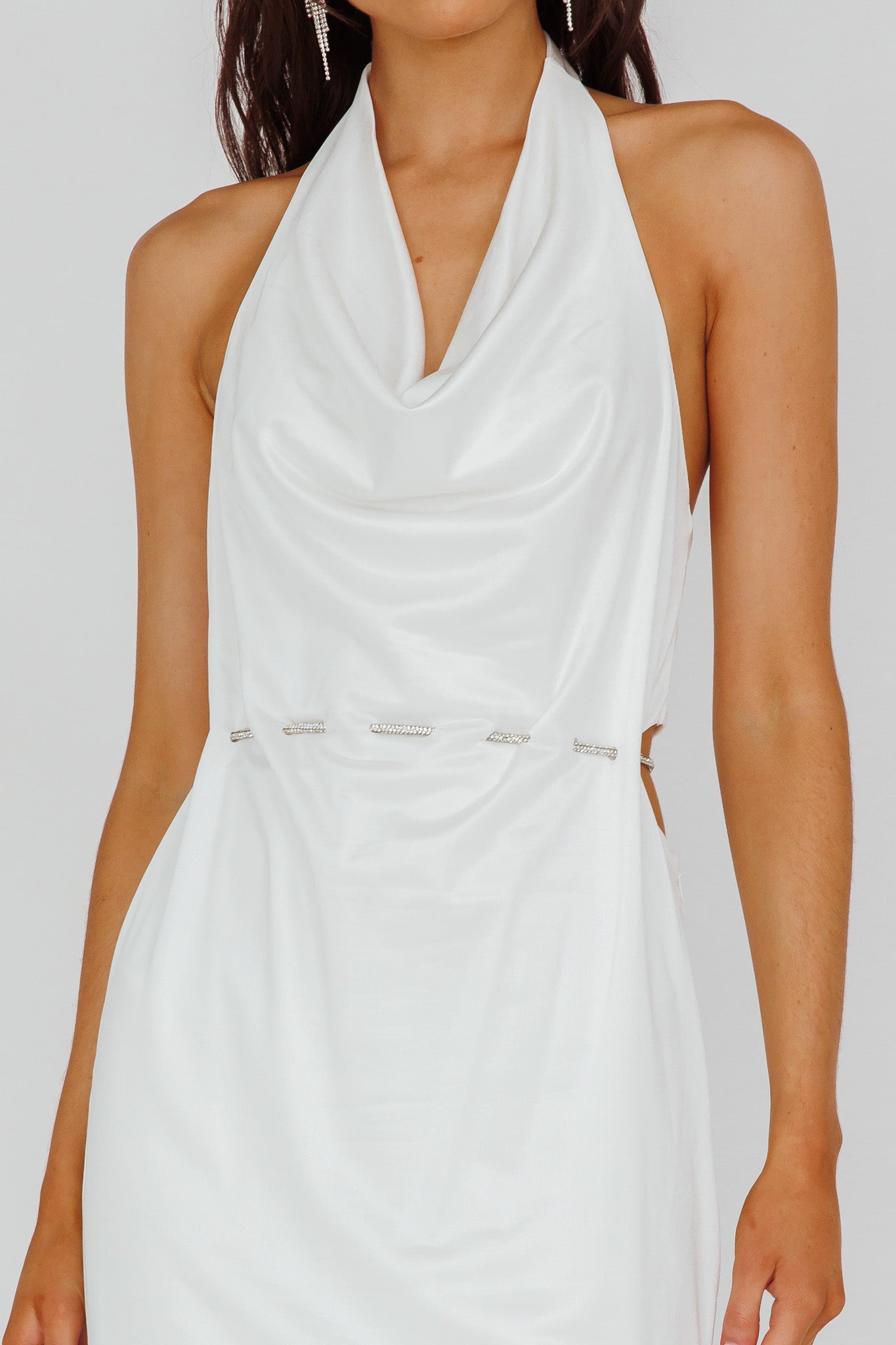 Emmi Cowl Neck Diamante Rope Dress White-Maymioy