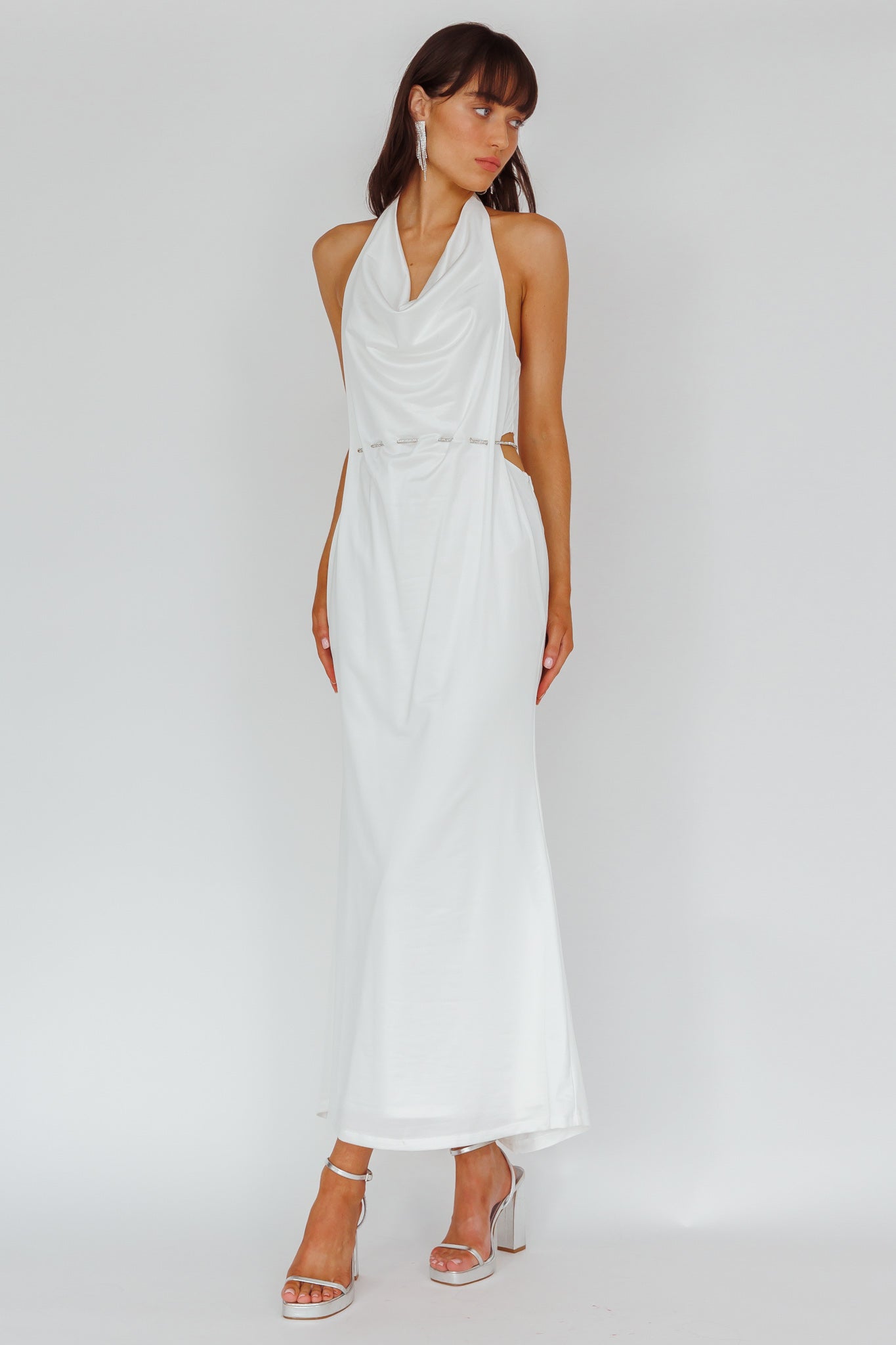 Emmi Cowl Neck Diamante Rope Dress White-Maymioy