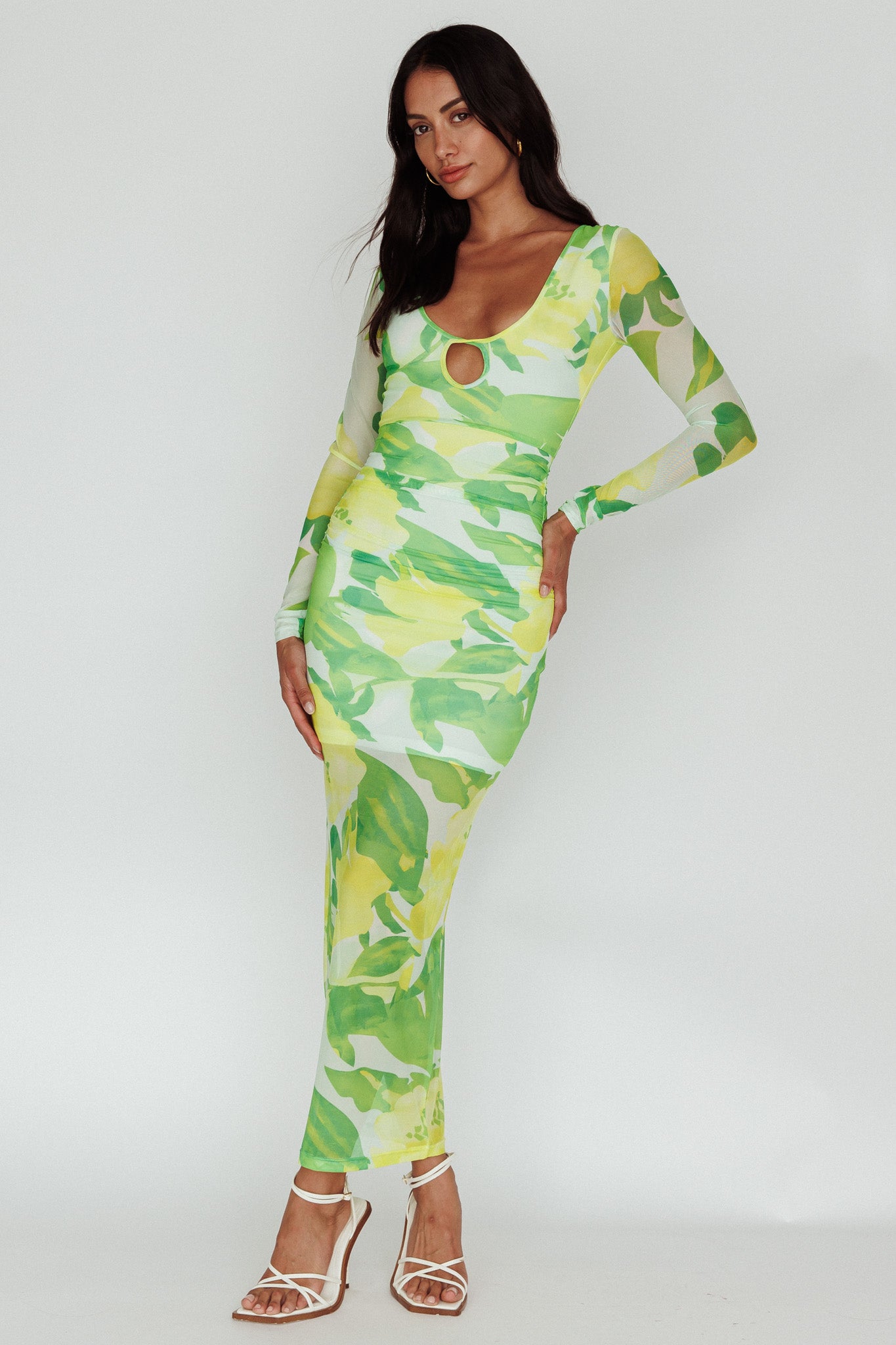 Chardae Long Sleeve Mesh Midi Dress Floral Green-Maymioy