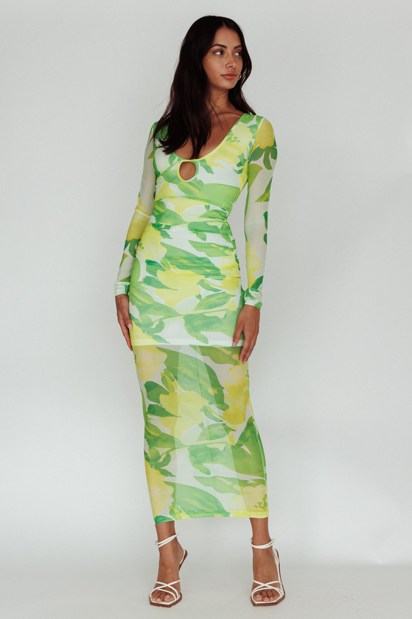 Chardae Long Sleeve Mesh Midi Dress Floral Green-Maymioy