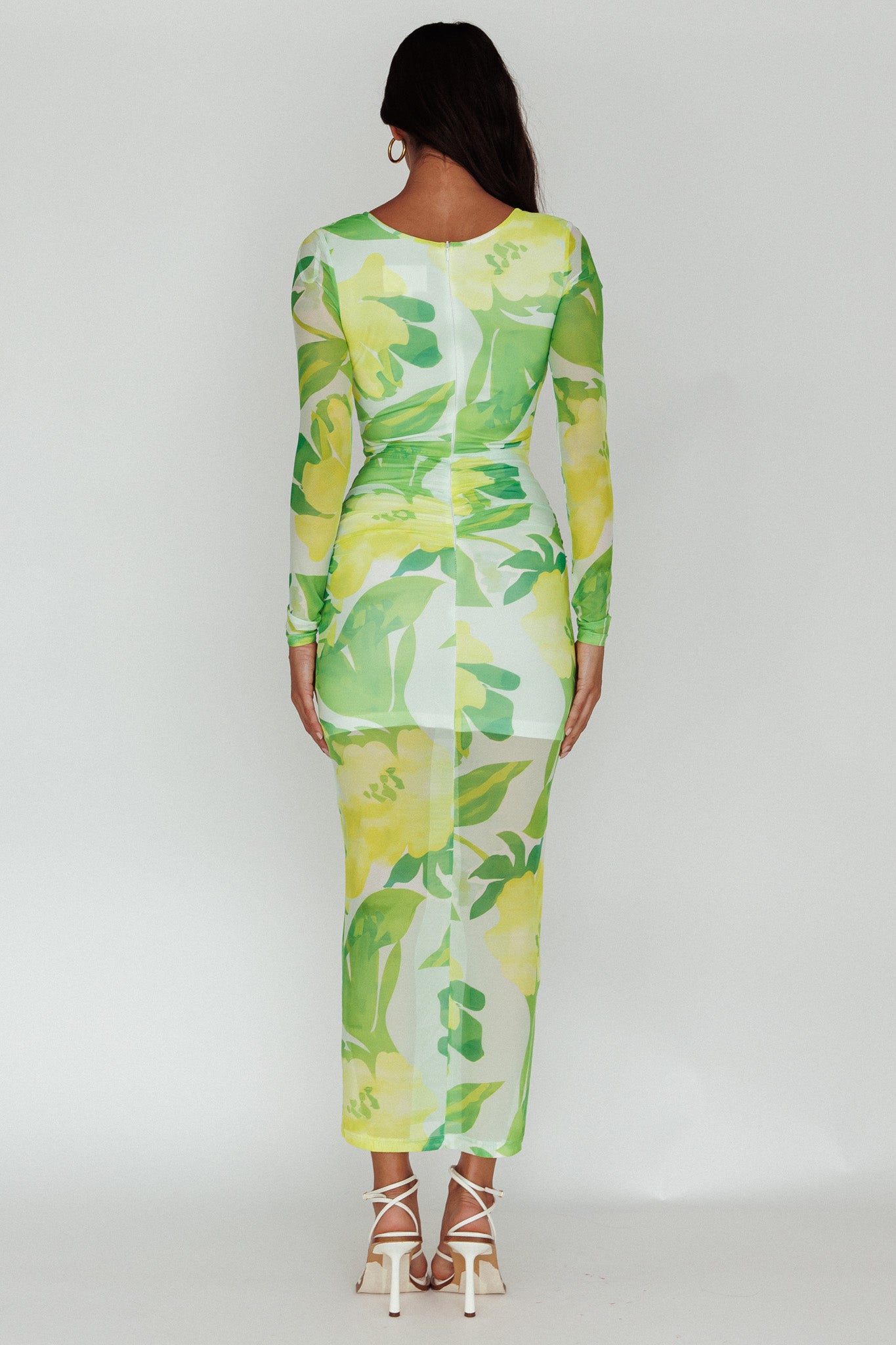 Chardae Long Sleeve Mesh Midi Dress Floral Green-Maymioy
