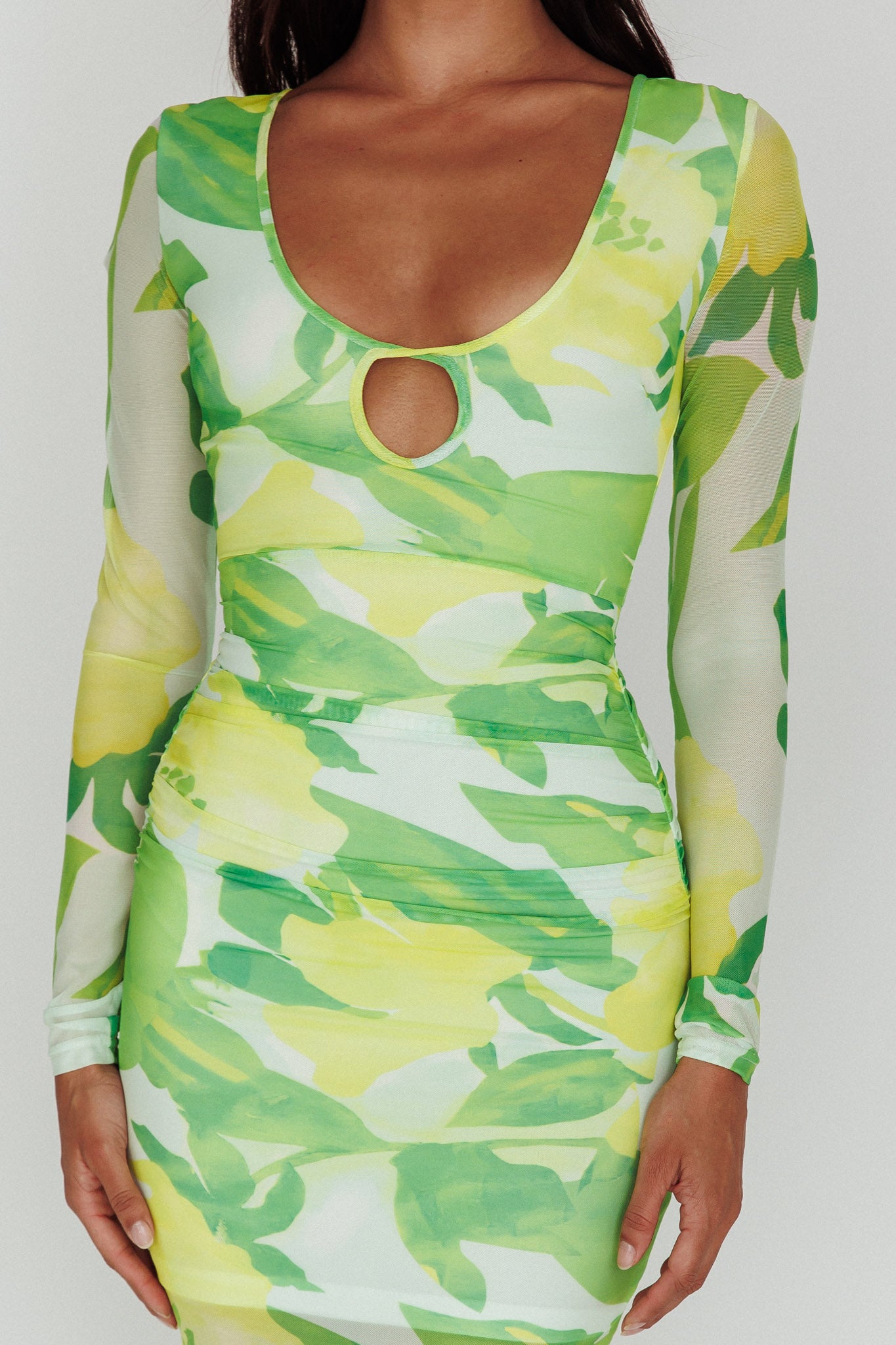 Chardae Long Sleeve Mesh Midi Dress Floral Green-Maymioy