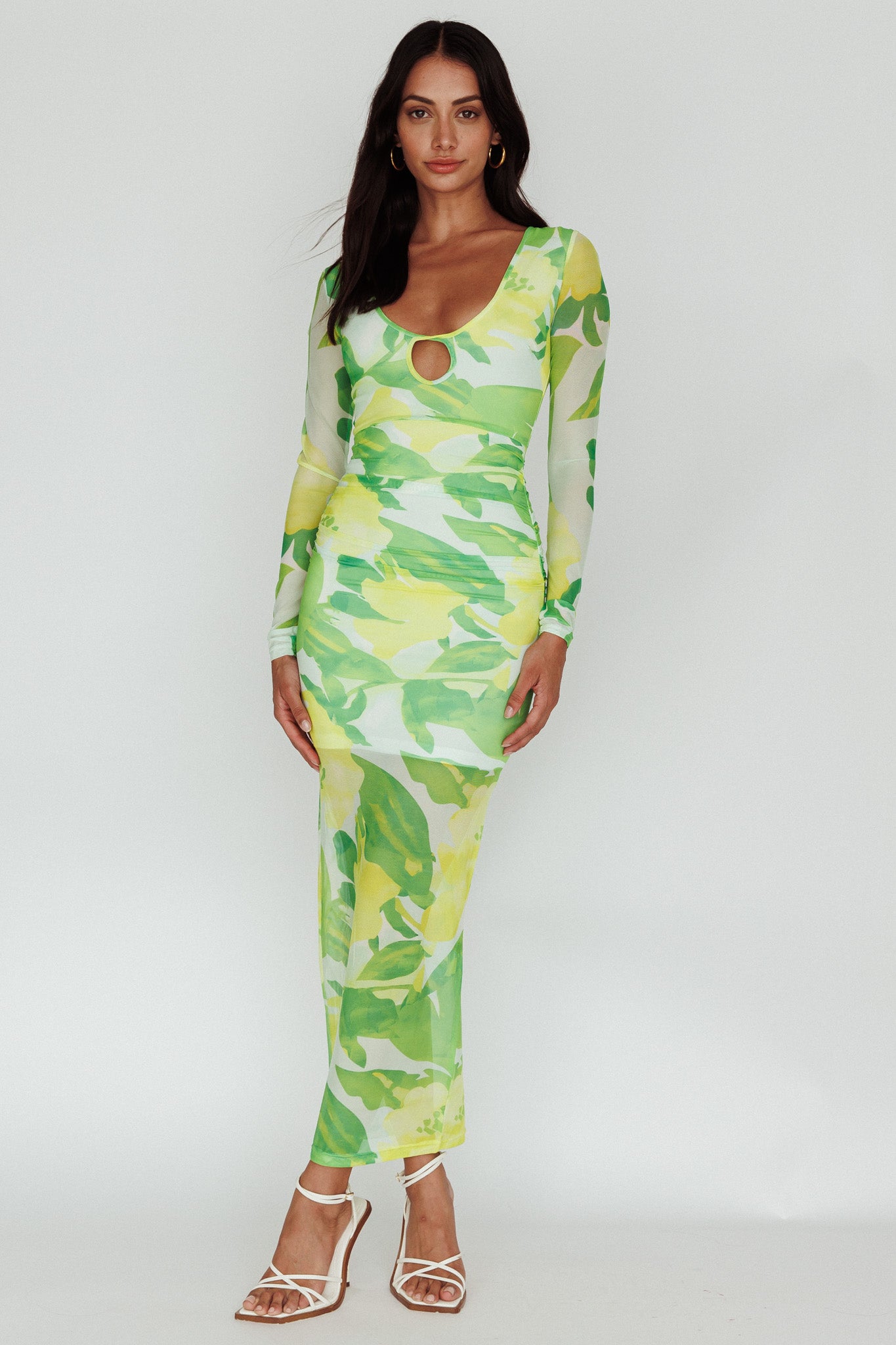 Chardae Long Sleeve Mesh Midi Dress Floral Green-Maymioy
