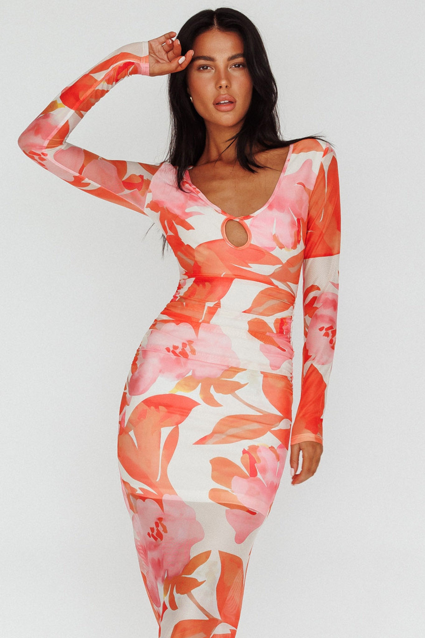 Chardae Long Sleeve Mesh Midi Dress Floral Pink-Maymioy