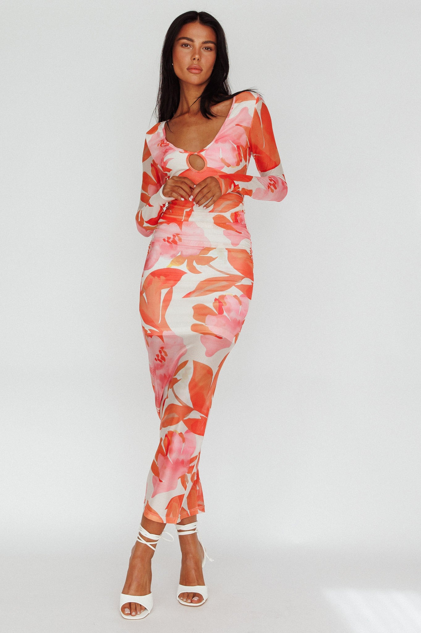 Chardae Long Sleeve Mesh Midi Dress Floral Pink-Maymioy