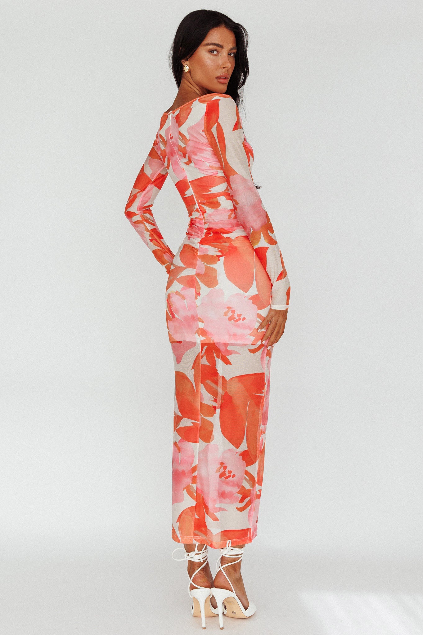 Chardae Long Sleeve Mesh Midi Dress Floral Pink-Maymioy