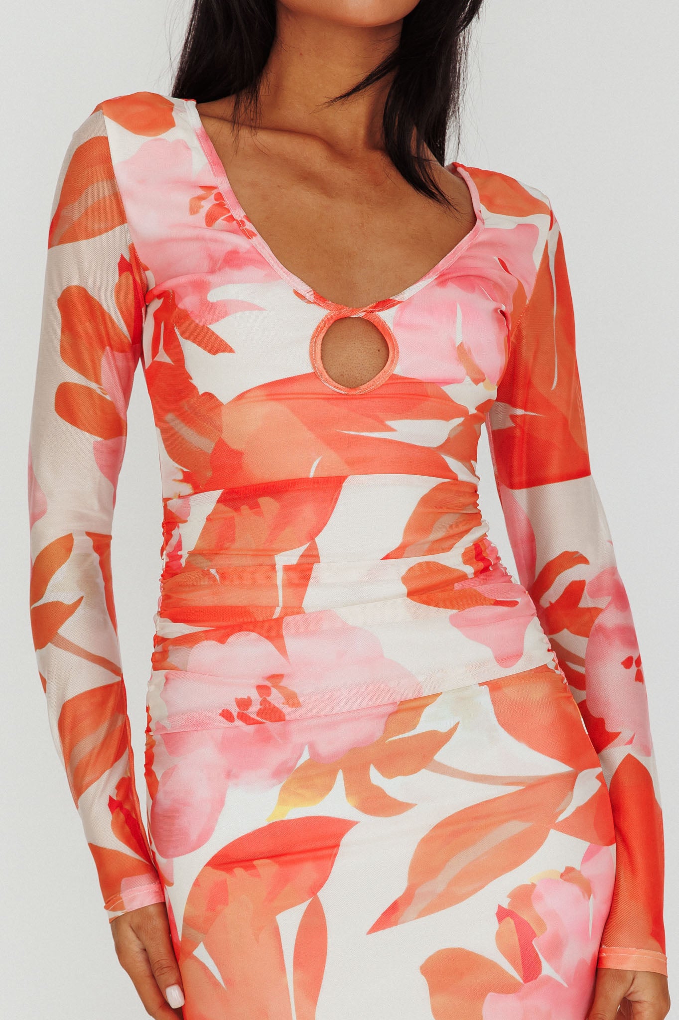 Chardae Long Sleeve Mesh Midi Dress Floral Pink-Maymioy