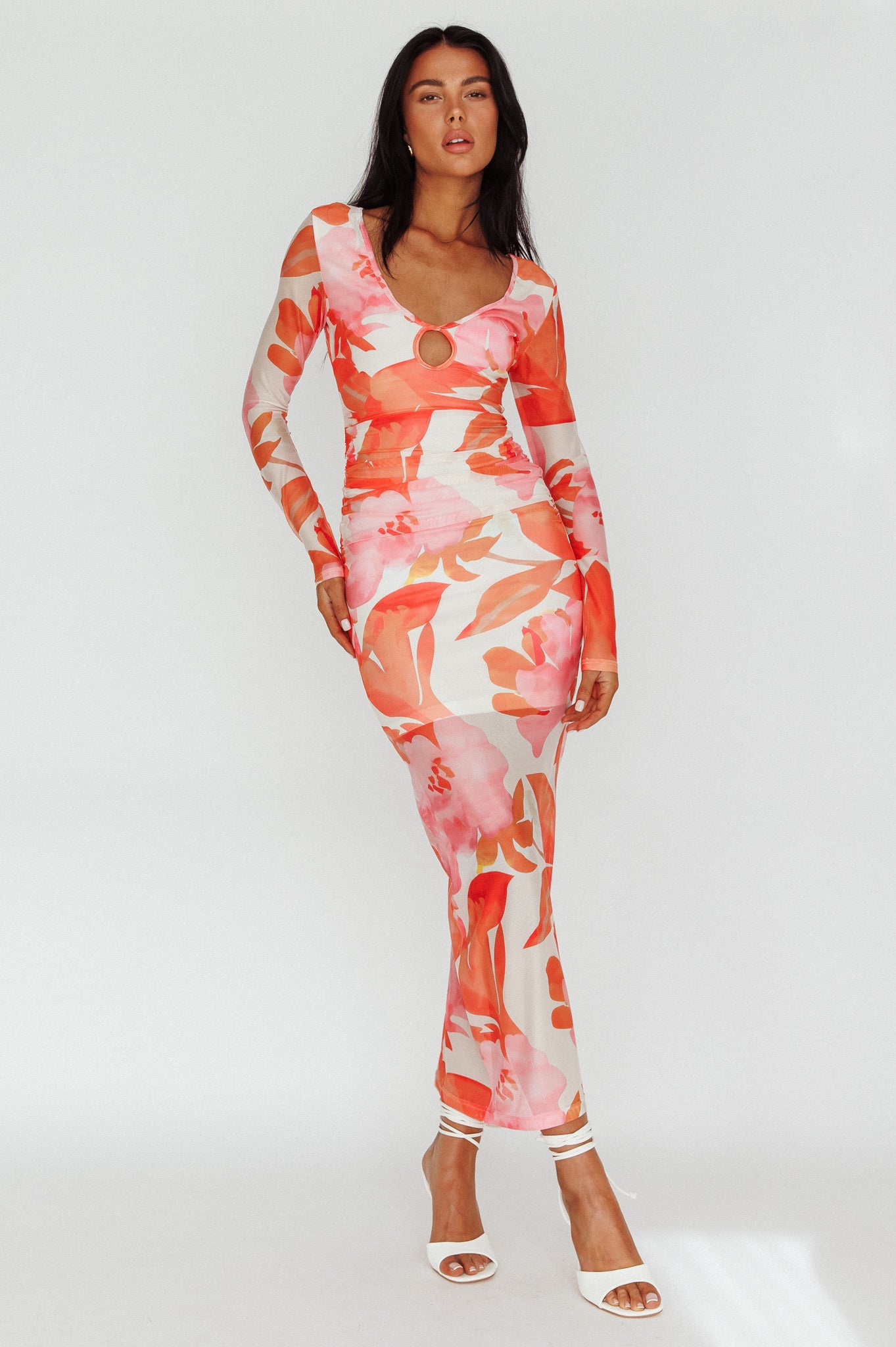 Chardae Long Sleeve Mesh Midi Dress Floral Pink-Maymioy