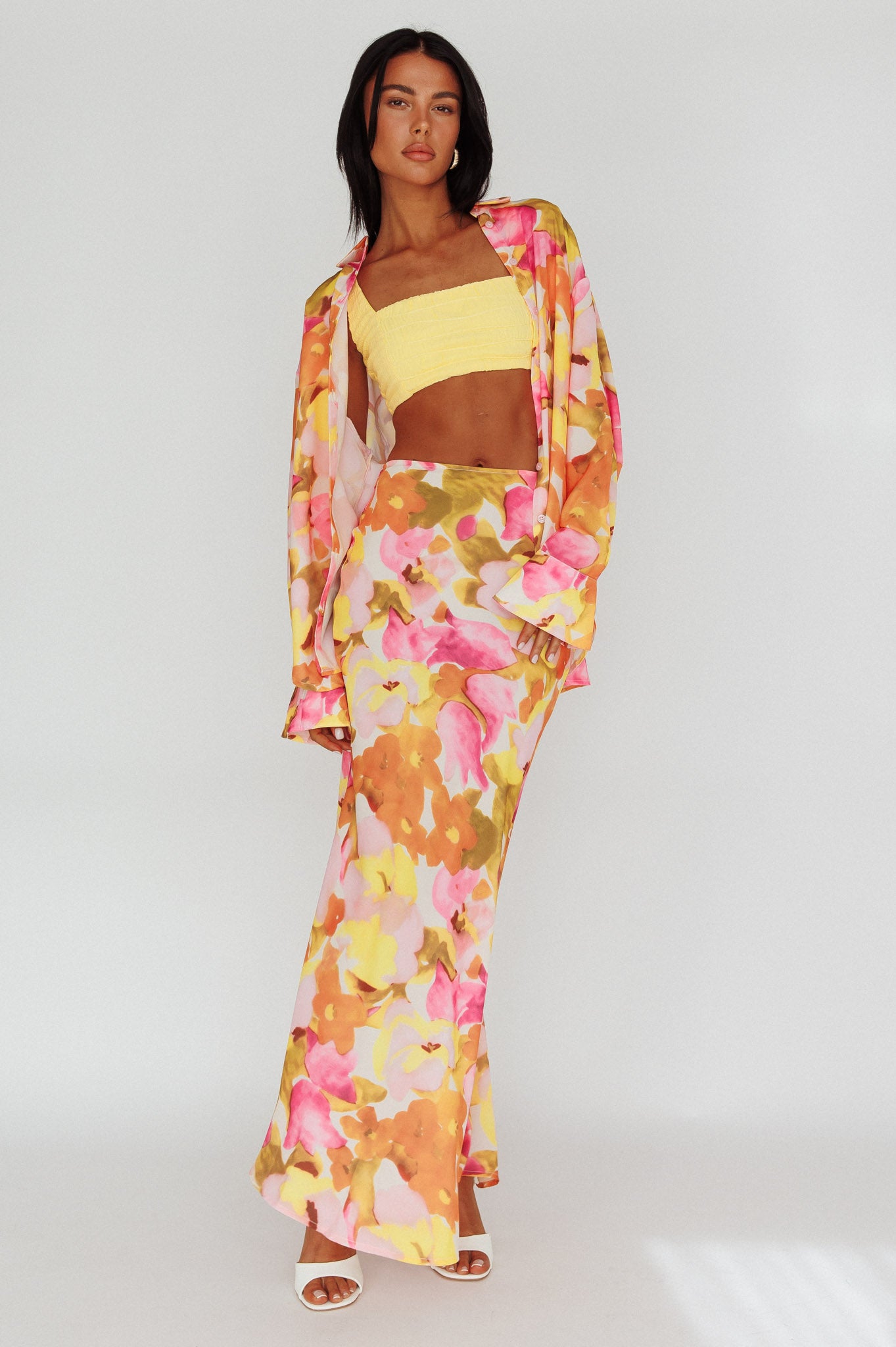 Vacation Midi Skirt Floral Pink/Yellow-Maymioy