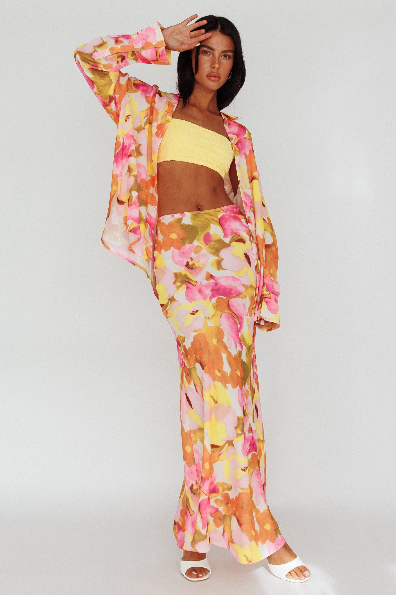 Vacation Midi Skirt Floral Pink/Yellow-Maymioy