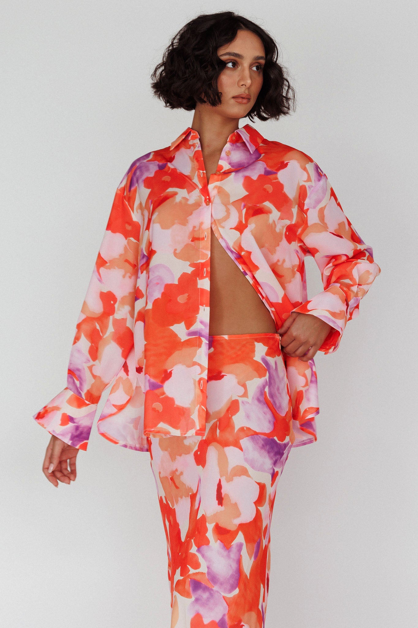 Vacation Long Sleeve Flared Cuff Shirt Orange/Purple-Maymioy