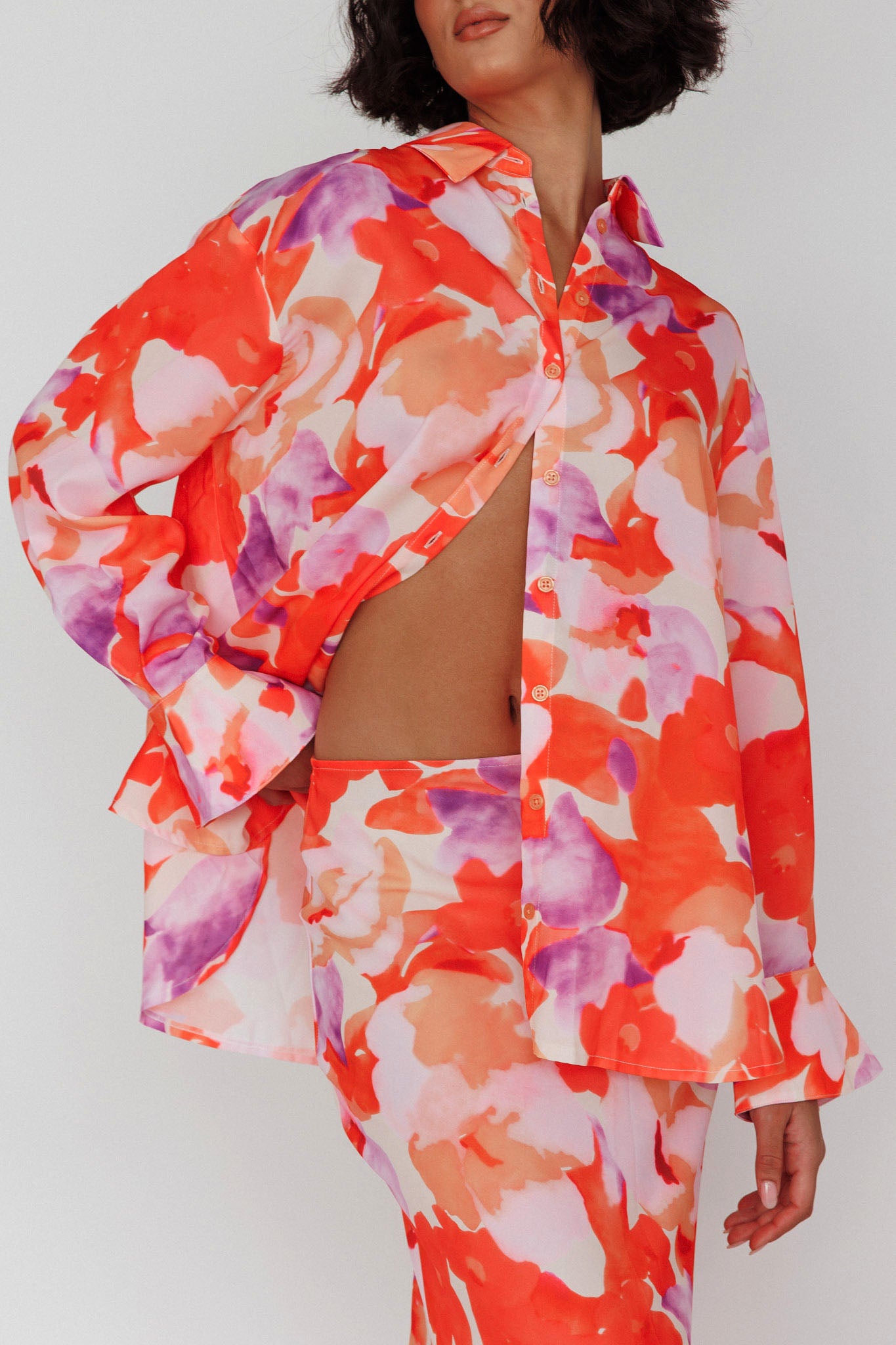 Vacation Long Sleeve Flared Cuff Shirt Orange/Purple-Maymioy
