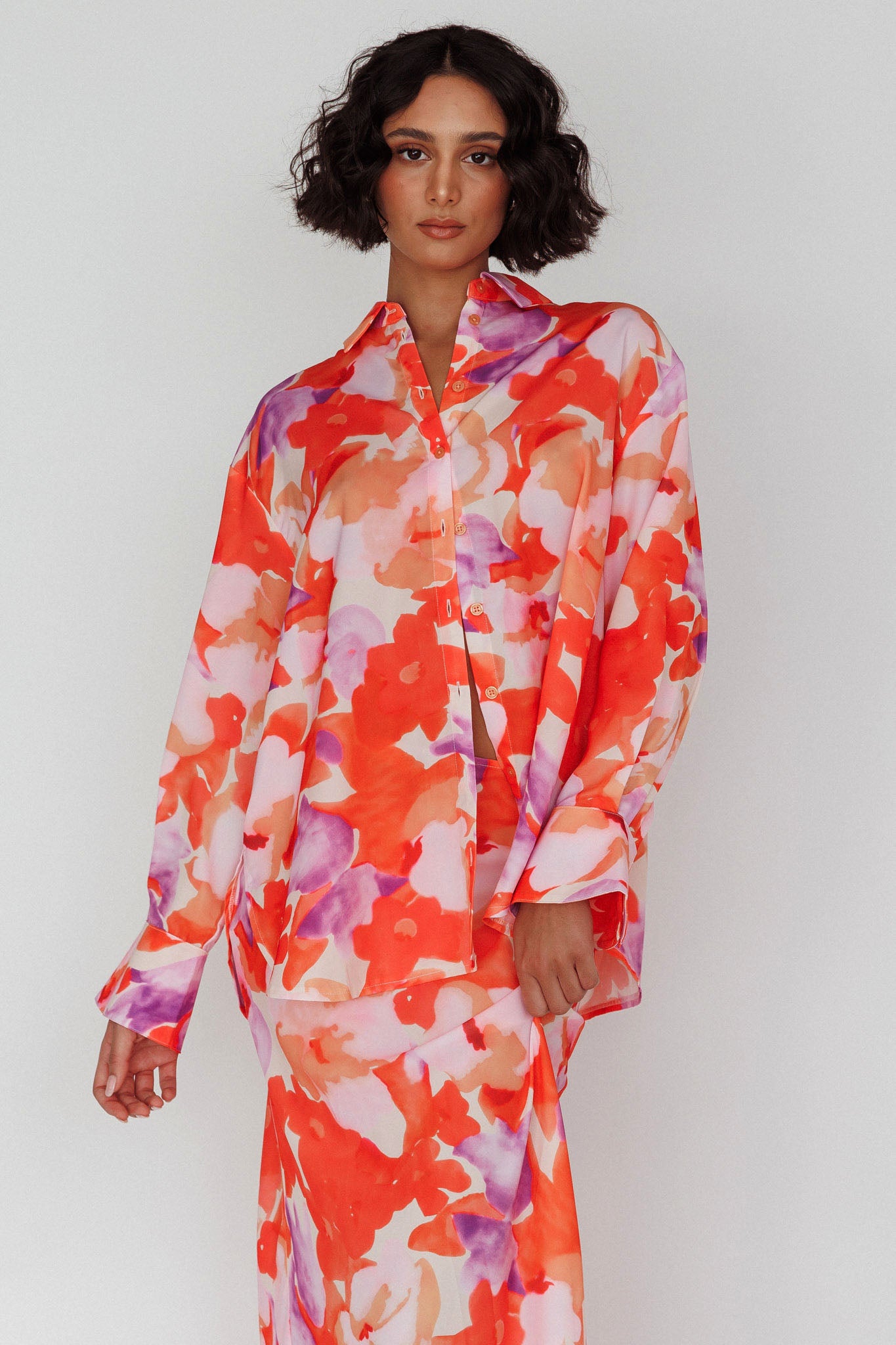 Vacation Long Sleeve Flared Cuff Shirt Orange/Purple-Maymioy