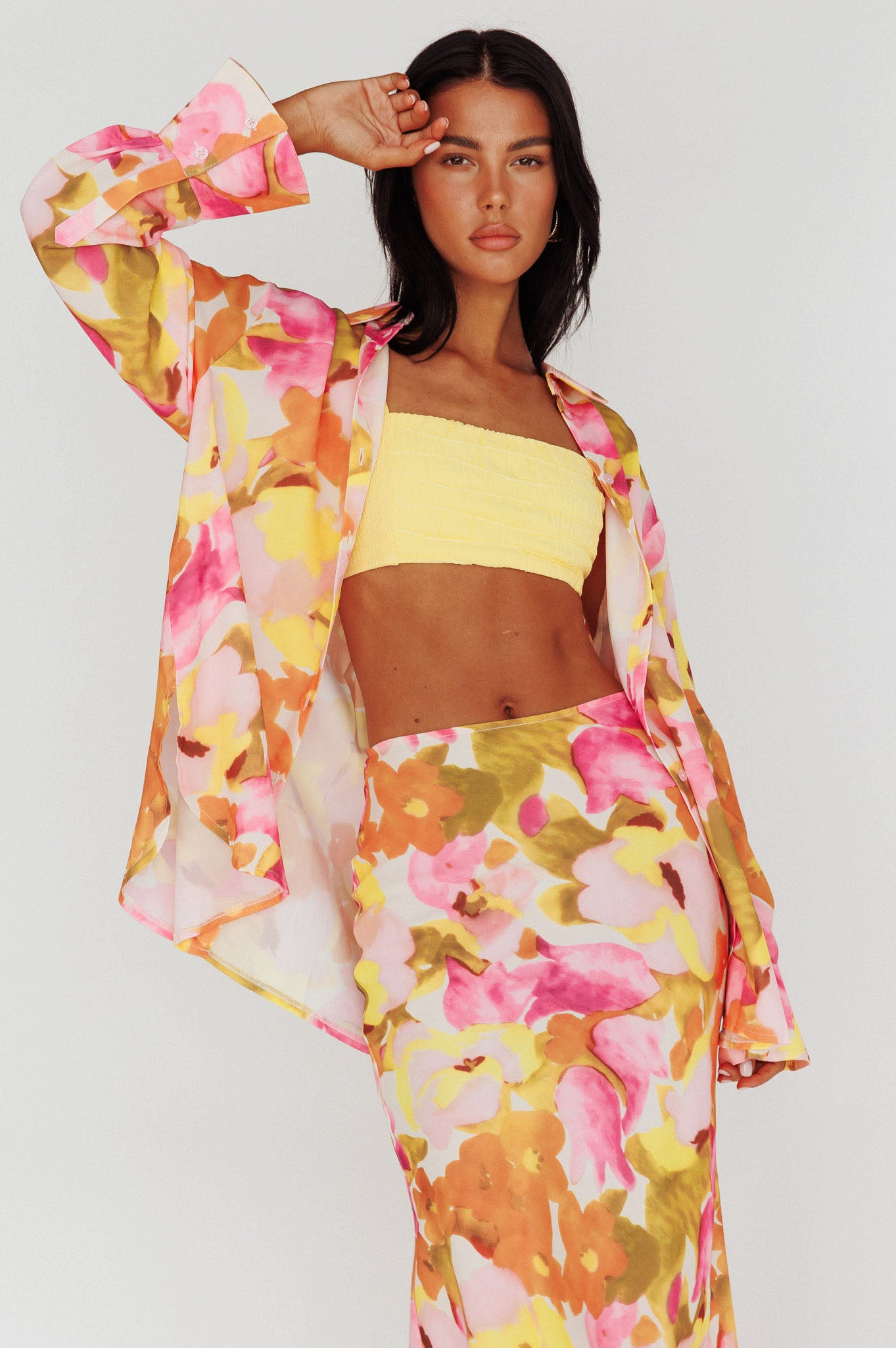 Vacation Long Sleeve Flared Cuff Shirt Pink/Yellow-Maymioy