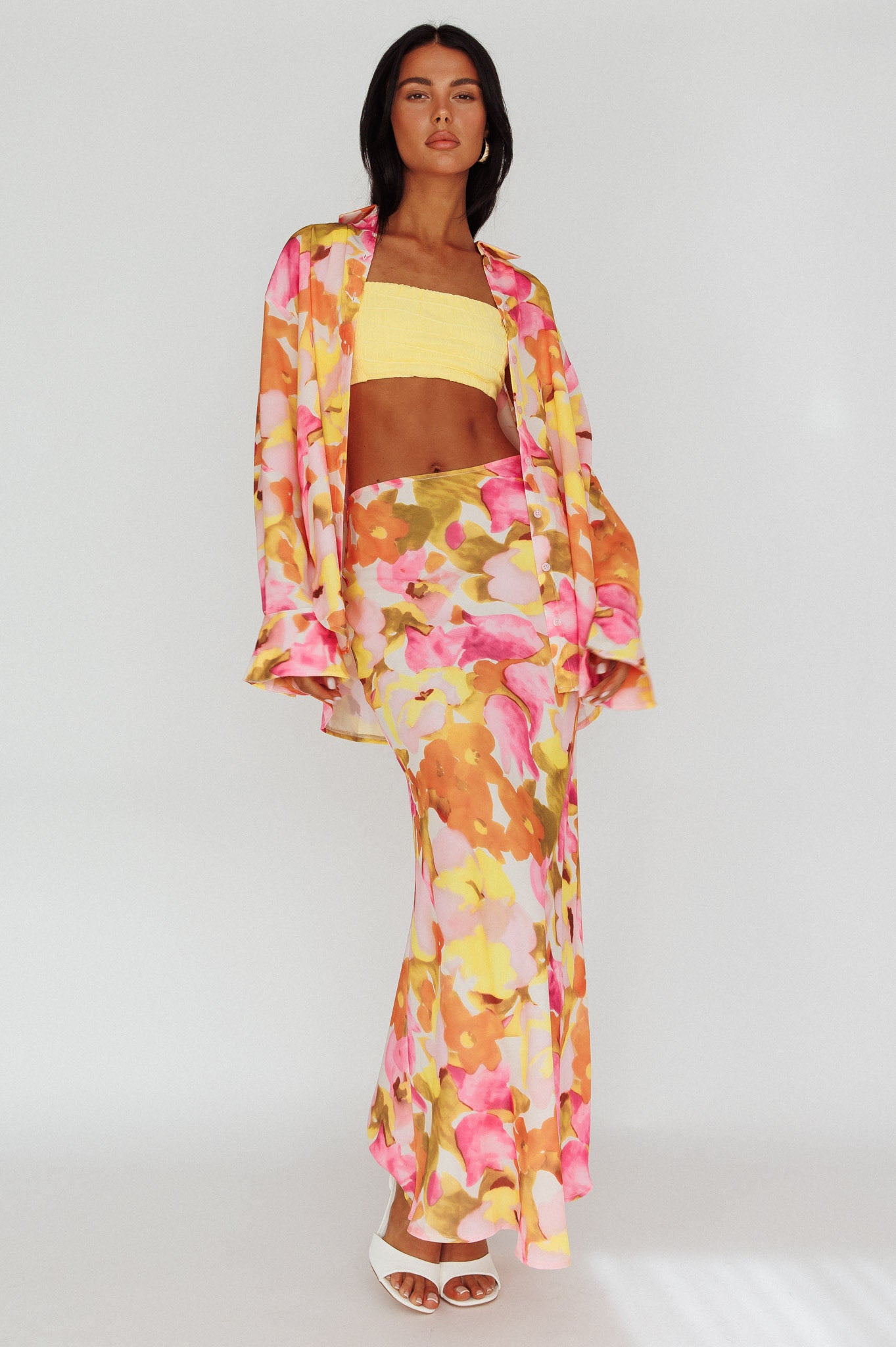 Vacation Long Sleeve Flared Cuff Shirt Pink/Yellow-Maymioy
