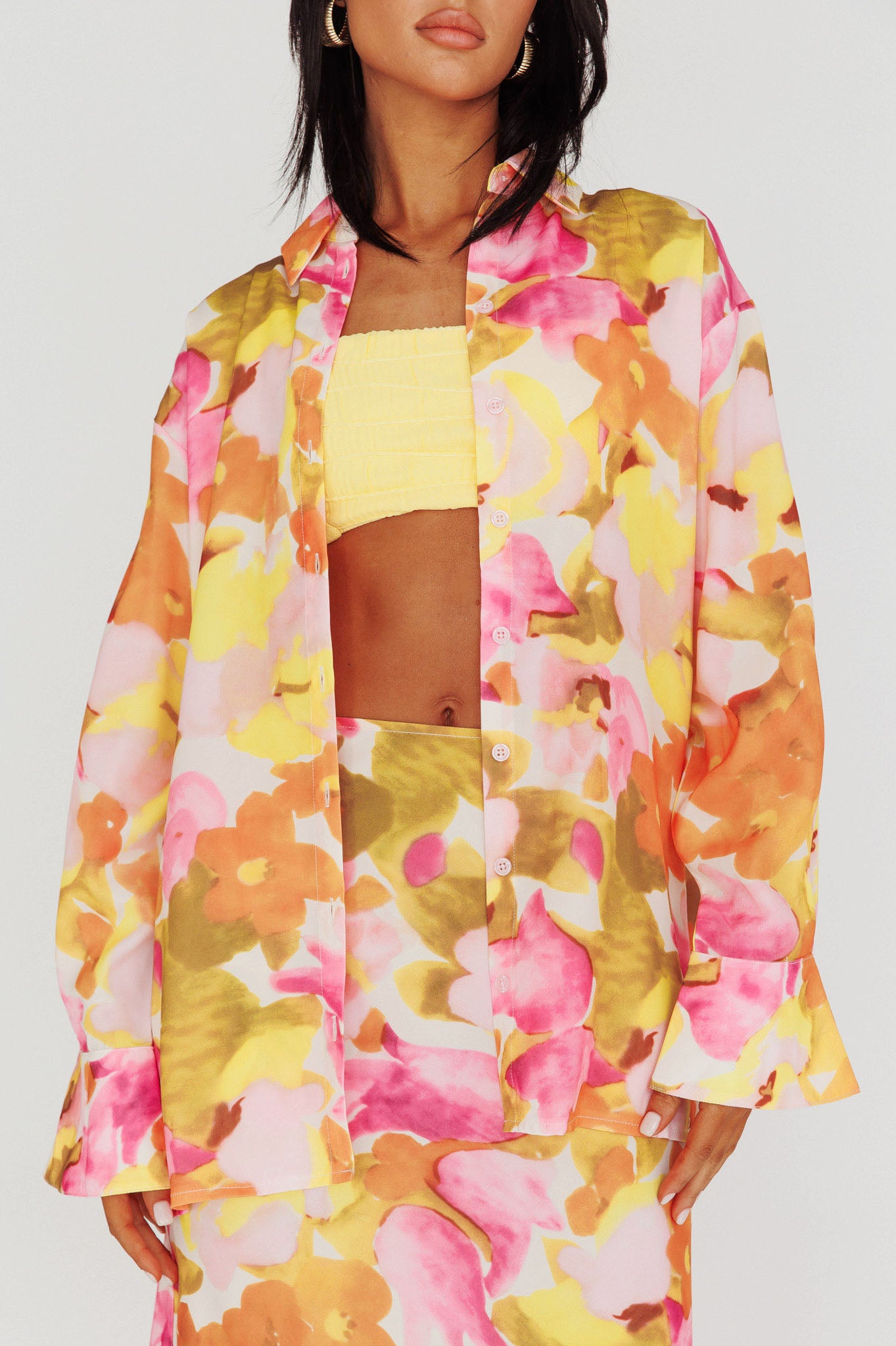 Vacation Long Sleeve Flared Cuff Shirt Pink/Yellow-Maymioy