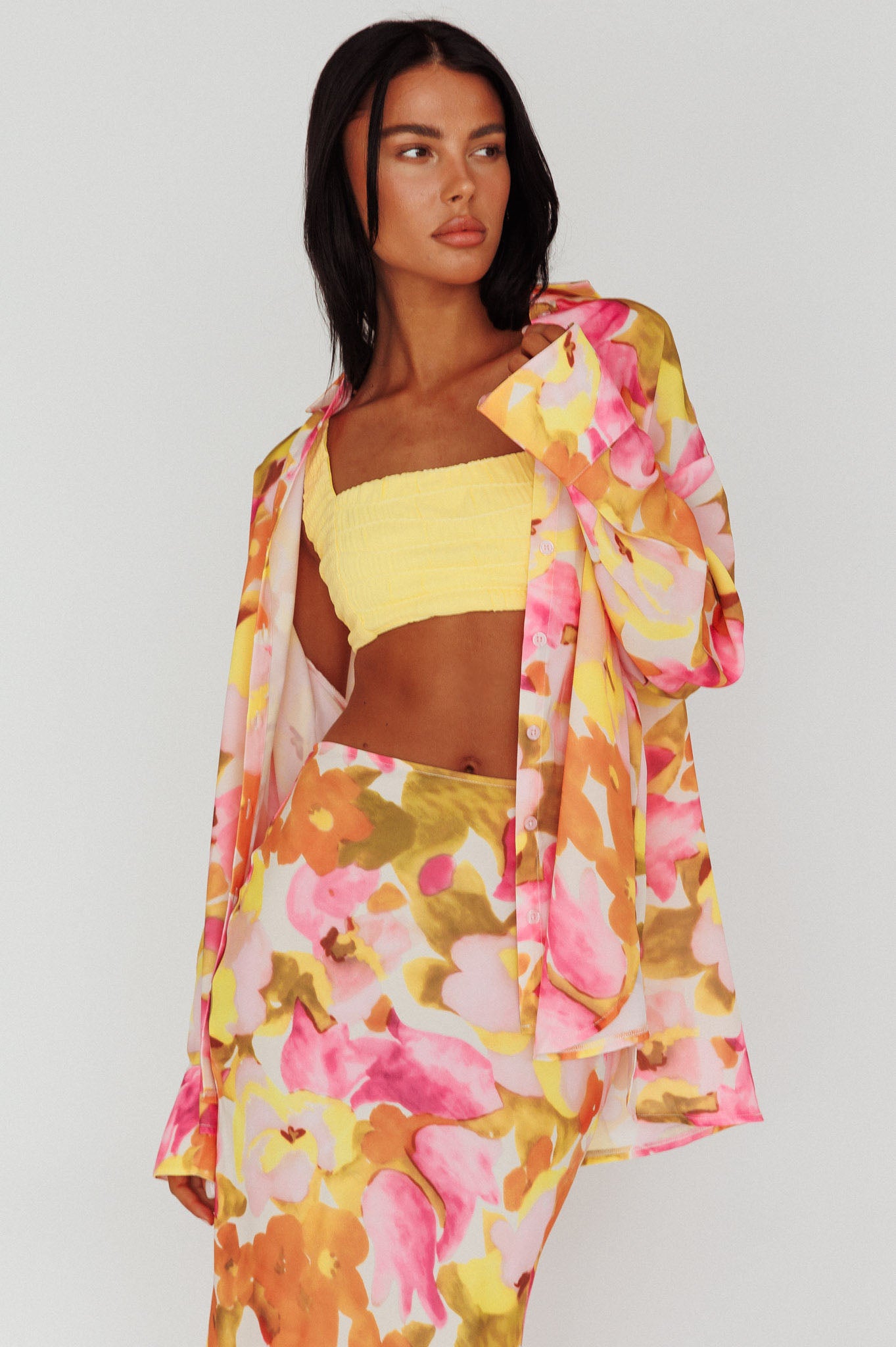 Vacation Long Sleeve Flared Cuff Shirt Pink/Yellow-Maymioy
