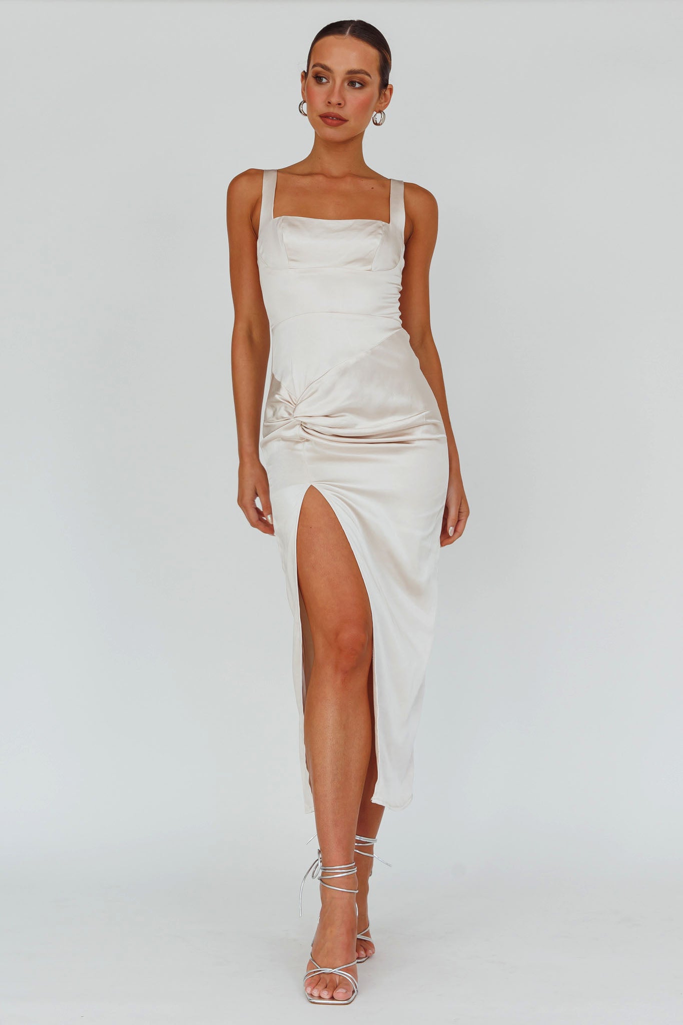 Kristin Knotted Waist Split Midi Dress Champagne-Maymioy