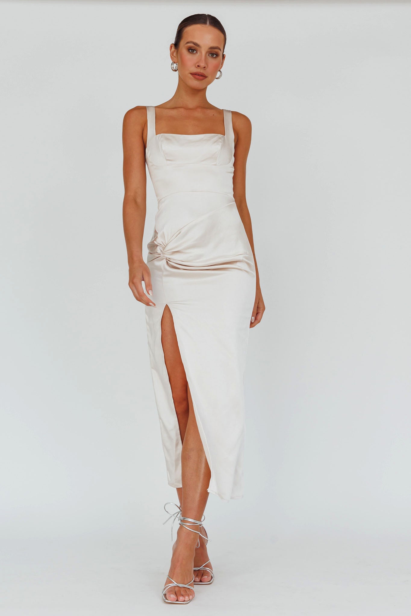 Kristin Knotted Waist Split Midi Dress Champagne-Maymioy