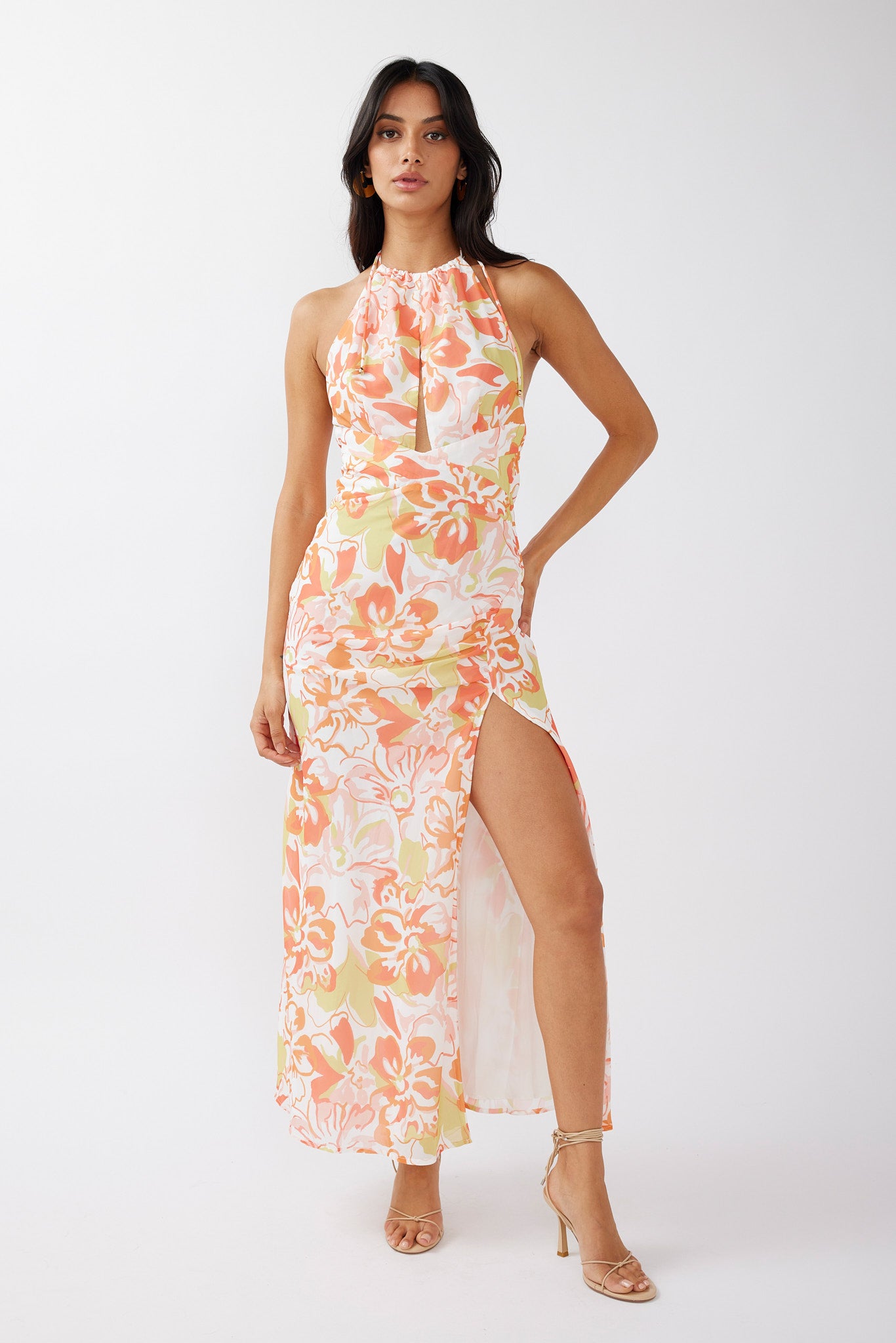Nirvana Halterneck Split Midi Dress Floral Orange-Maymioy