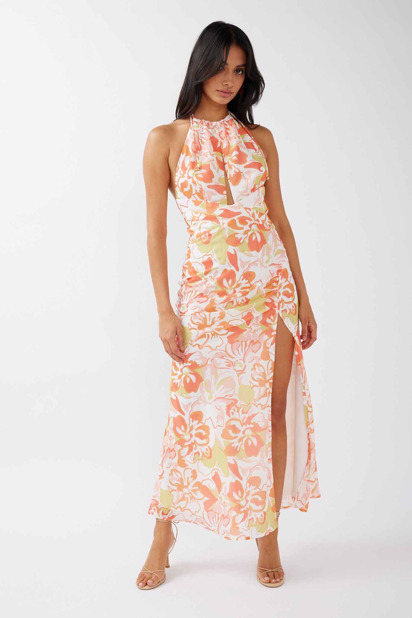 Nirvana Halterneck Split Midi Dress Floral Orange-Maymioy