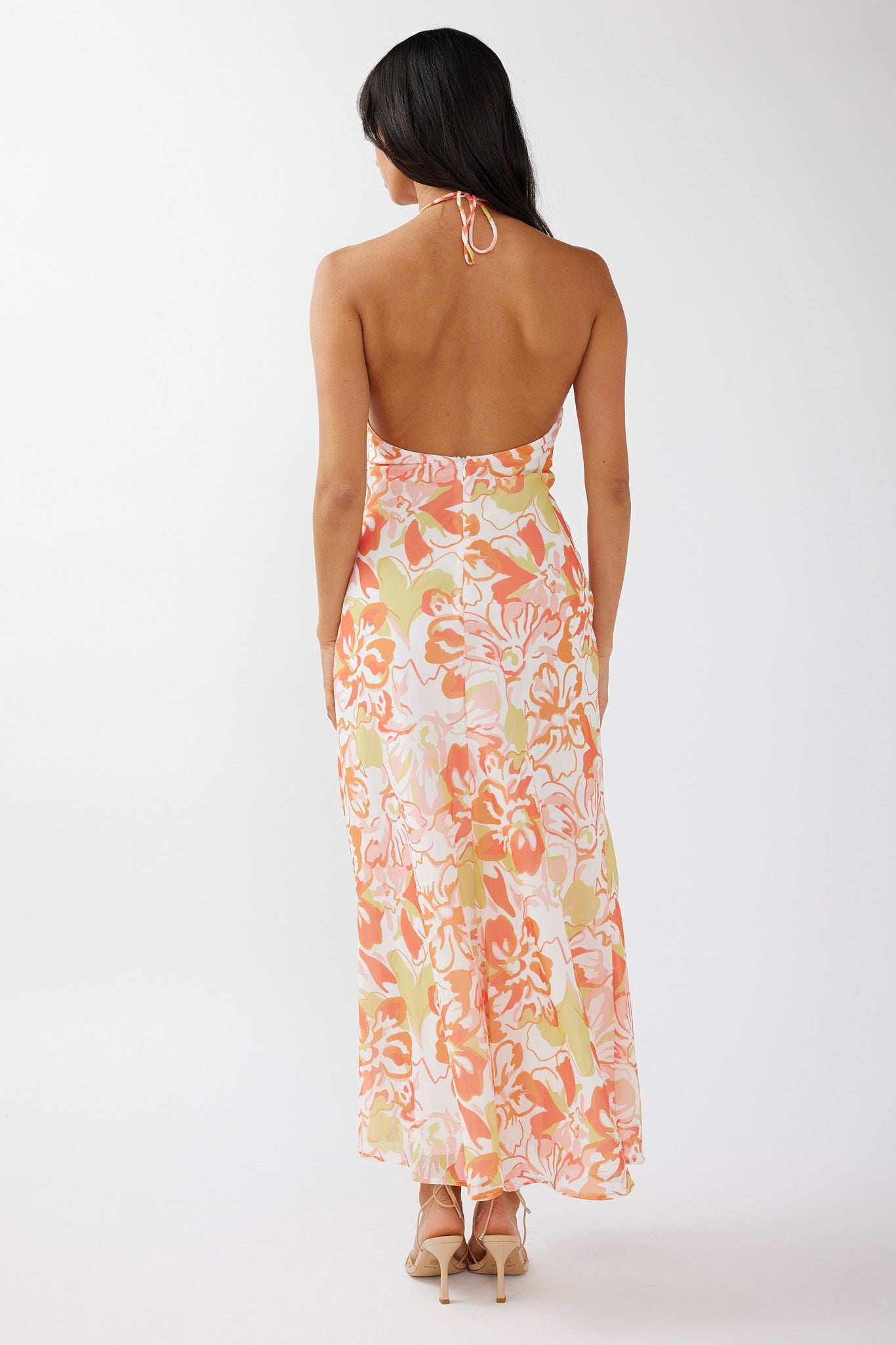 Nirvana Halterneck Split Midi Dress Floral Orange-Maymioy