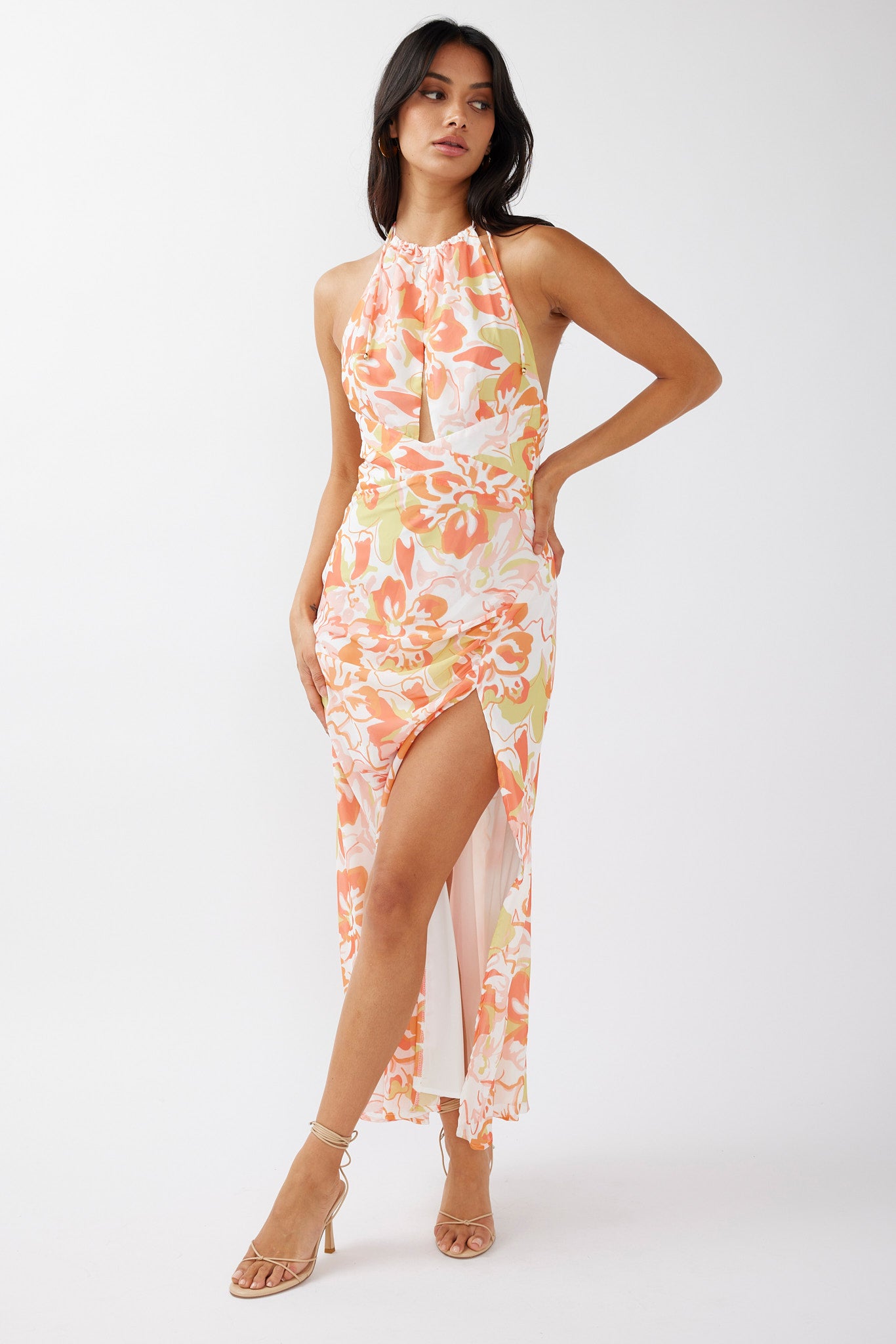 Nirvana Halterneck Split Midi Dress Floral Orange-Maymioy