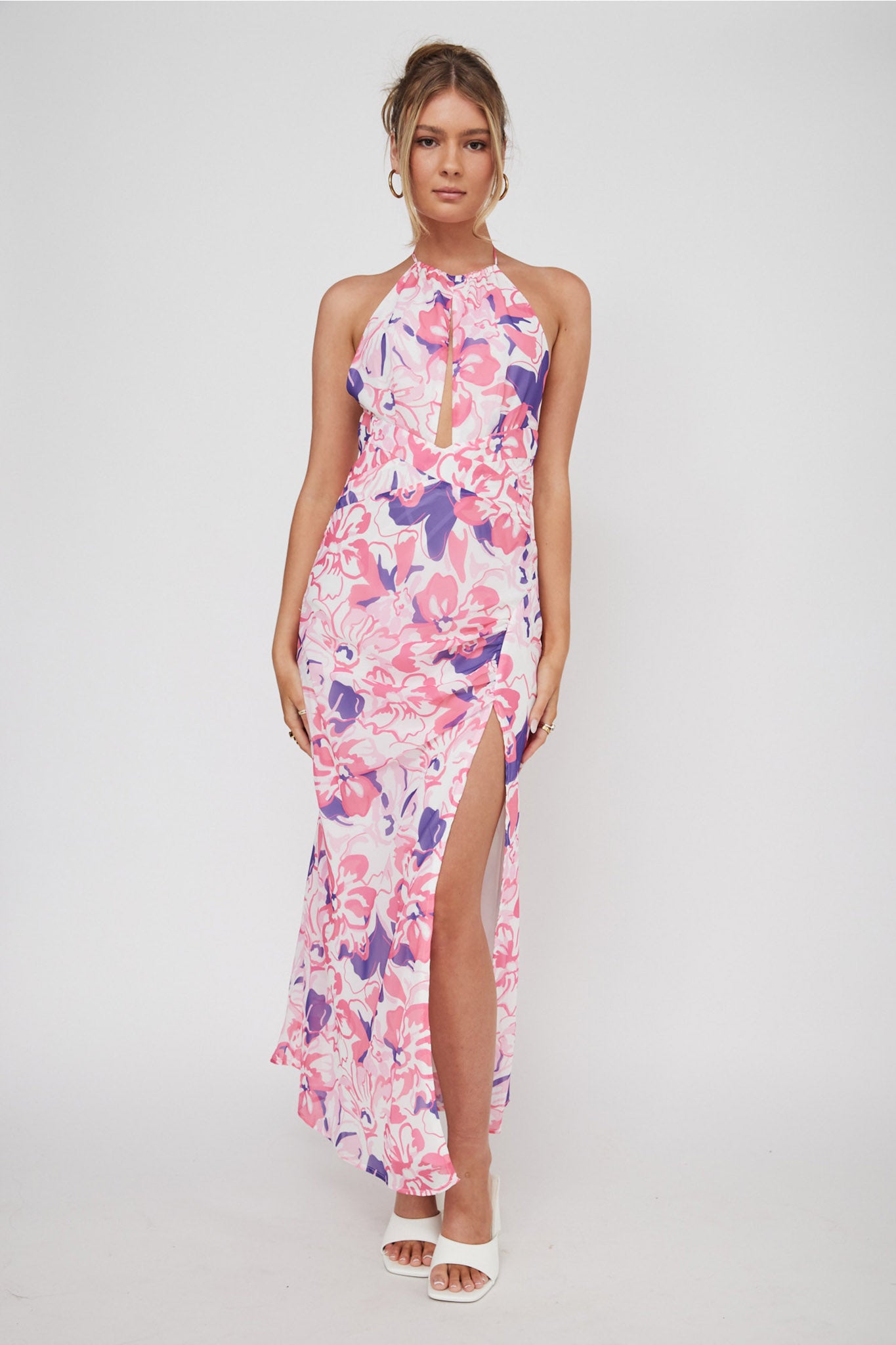 Nirvana Halterneck Split Midi Dress Floral Pink-Maymioy