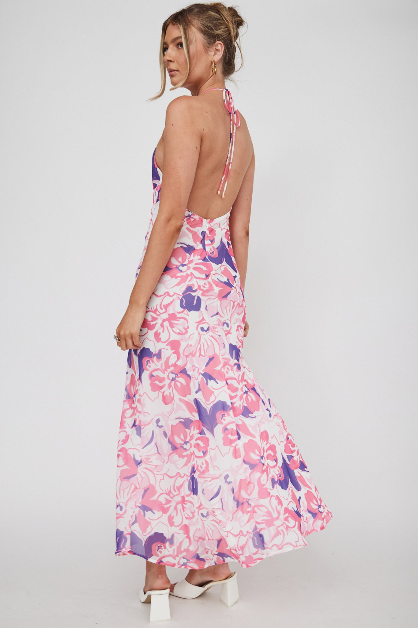 Nirvana Halterneck Split Midi Dress Floral Pink-Maymioy
