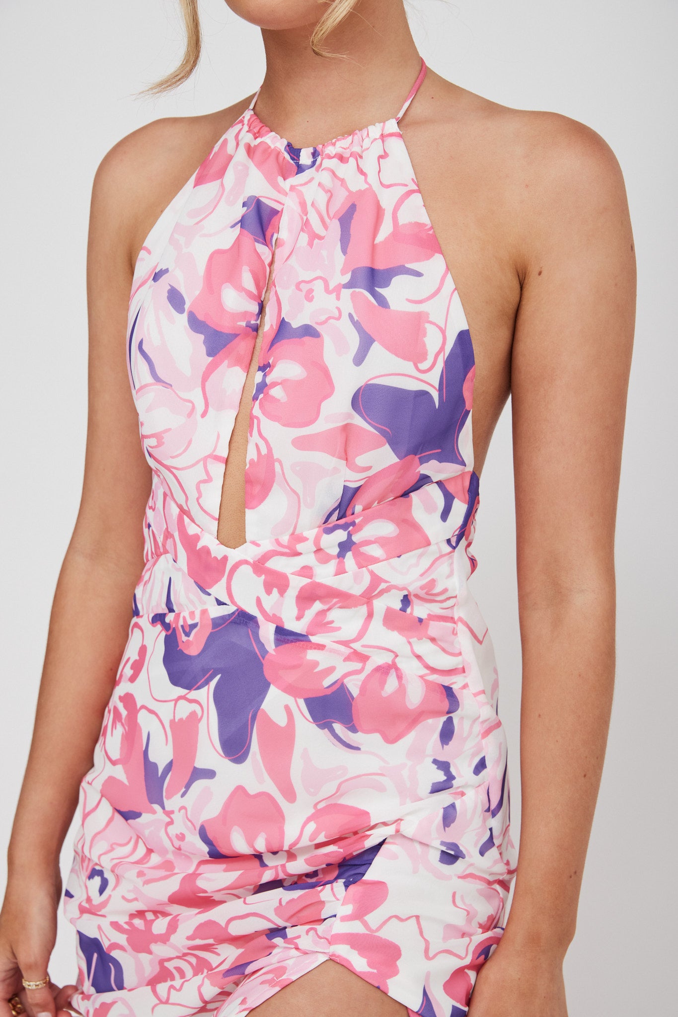 Nirvana Halterneck Split Midi Dress Floral Pink-Maymioy