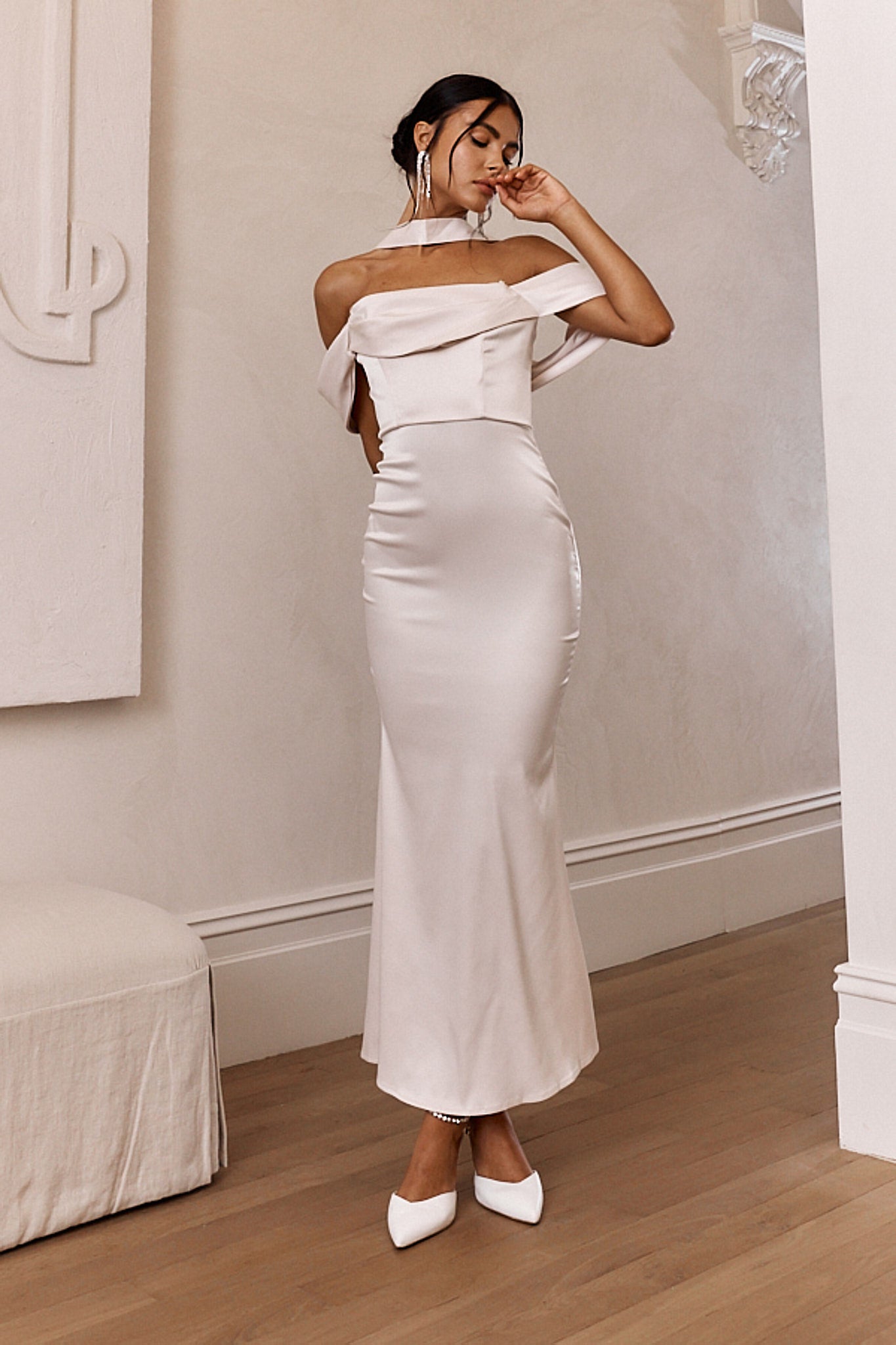 Eclipse Draped Sleeve Midi Dress Beige-Maymioy
