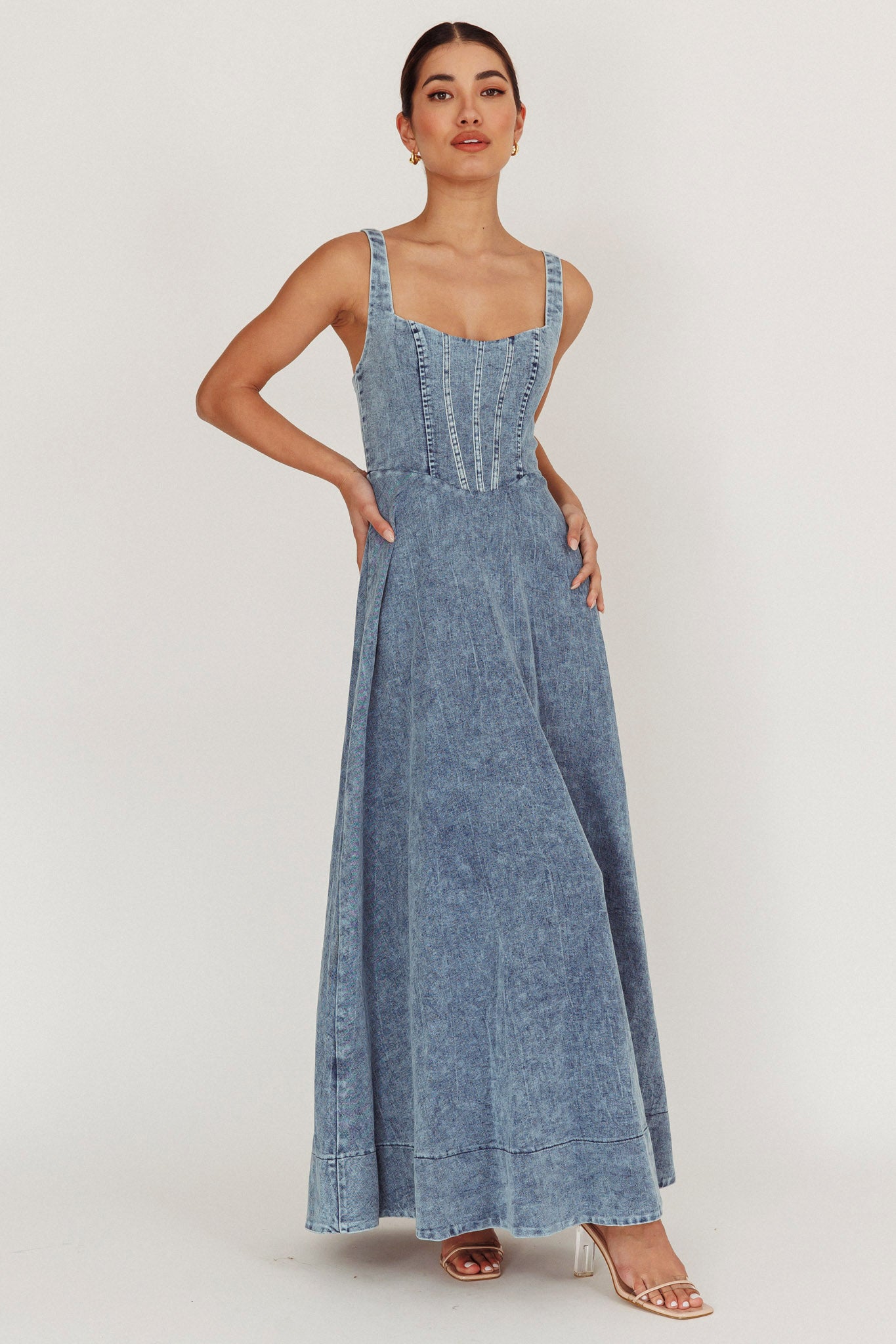 Talissa A-Line Maxi Denim Dress Blue-Maymioy
