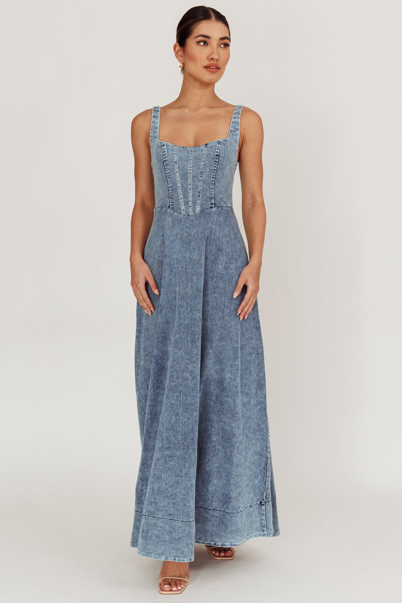 Talissa A-Line Maxi Denim Dress Blue-Maymioy