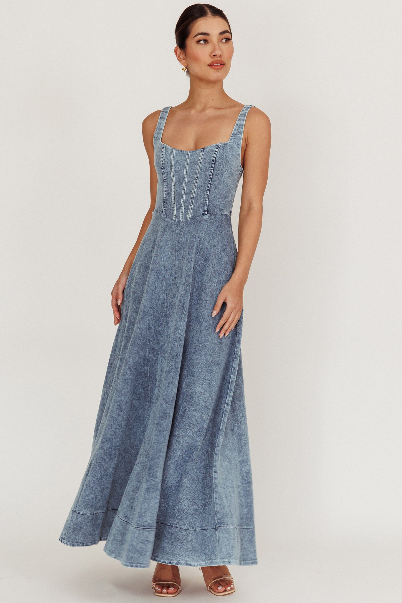 Talissa A-Line Maxi Denim Dress Blue-Maymioy