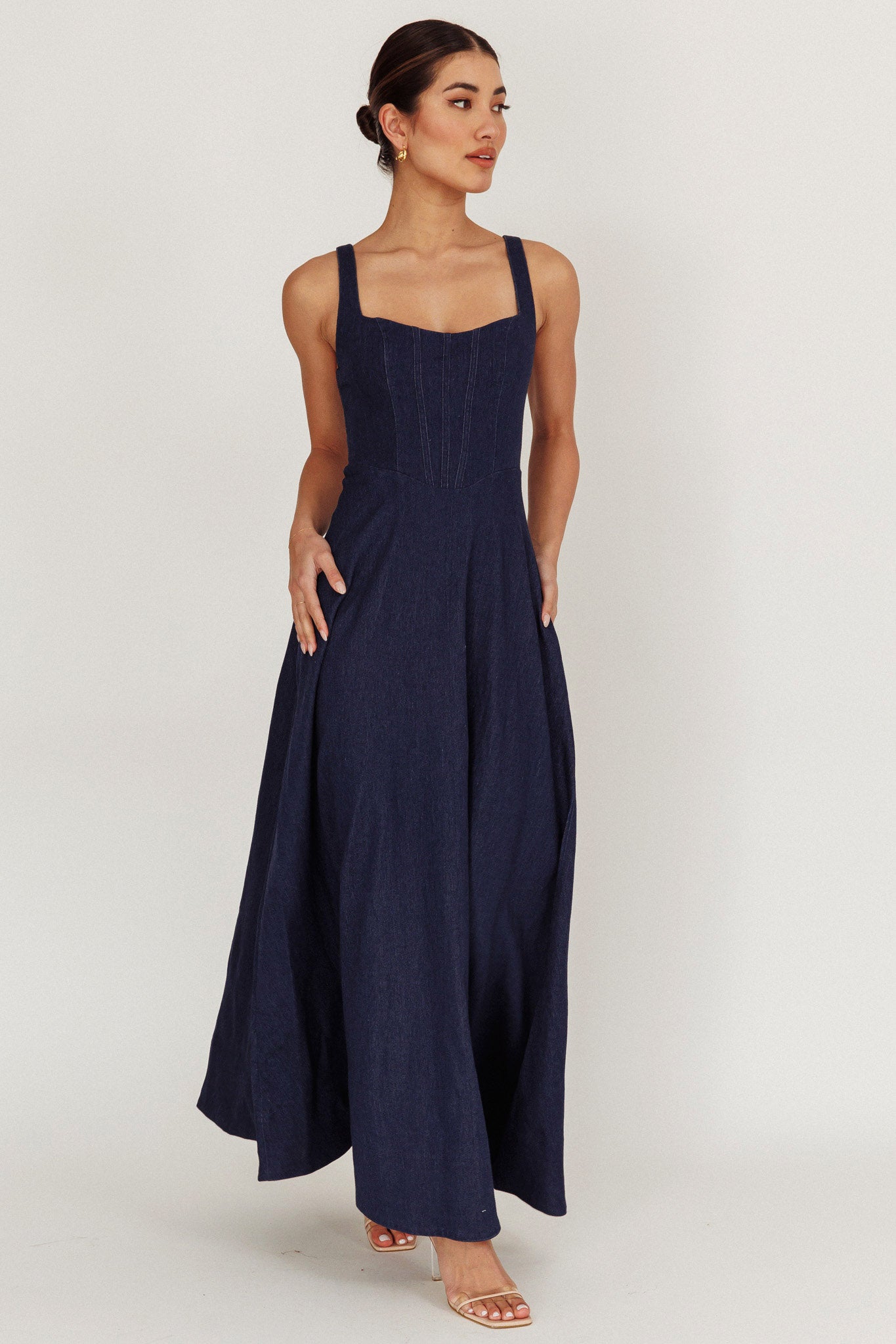 Talissa A-Line Maxi Denim Dress Indigo-Maymioy