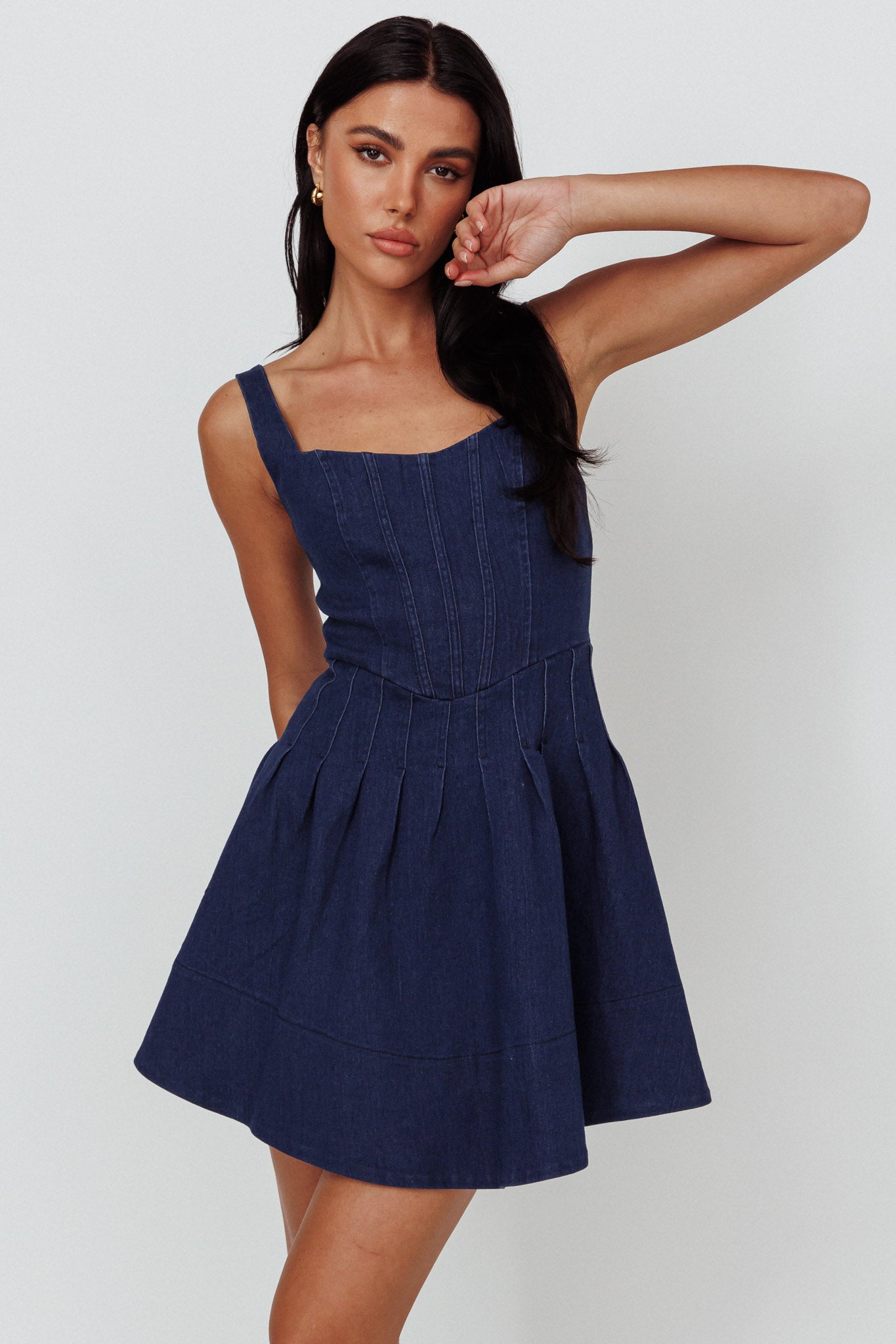 Talisa Pintuck Pleat Waist Mini Dress Dark Blue-Maymioy